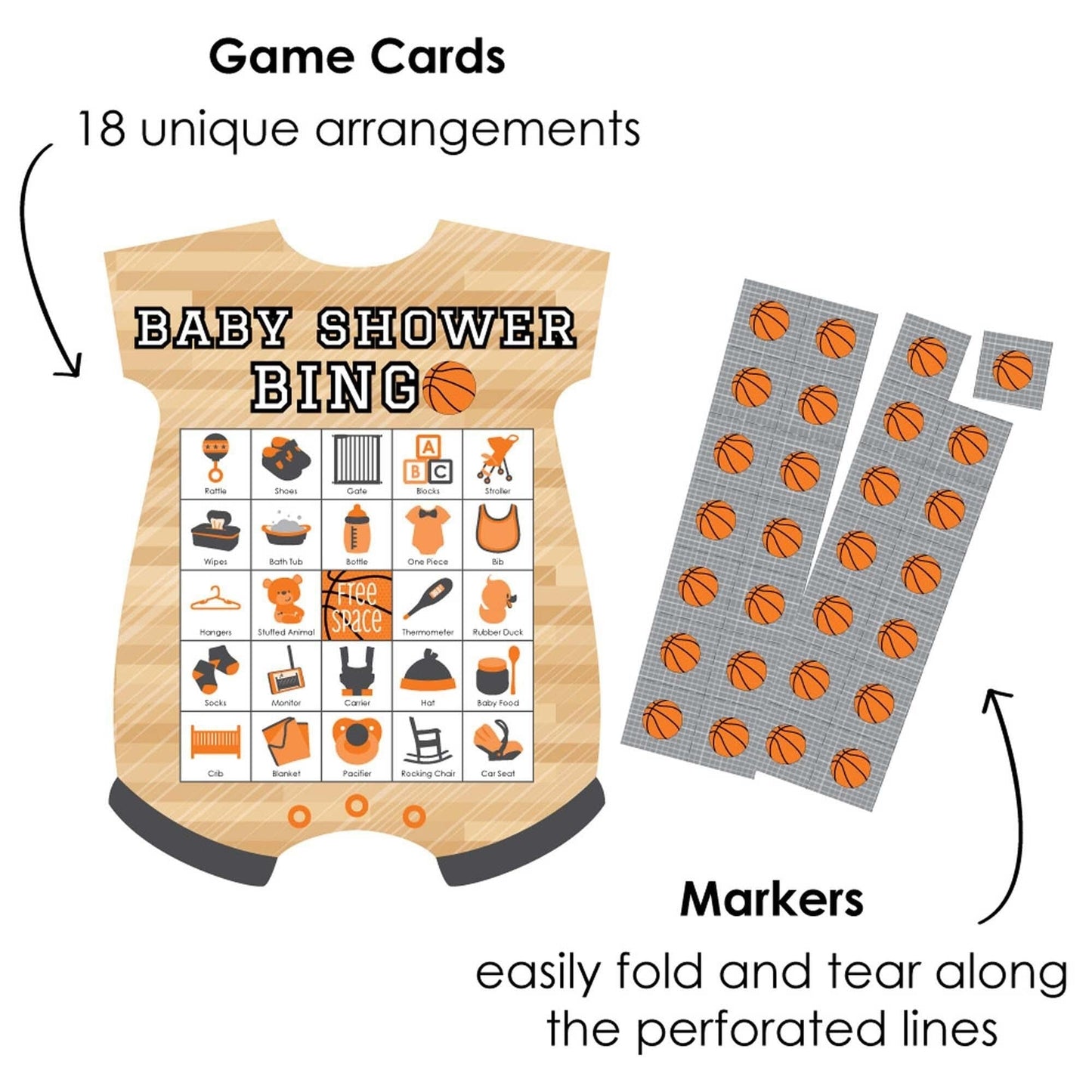 Nothin' But Net - Basketball - Picture Bingo Cards and Markers - Baby Shower Shaped Bingo Game - Set of 18