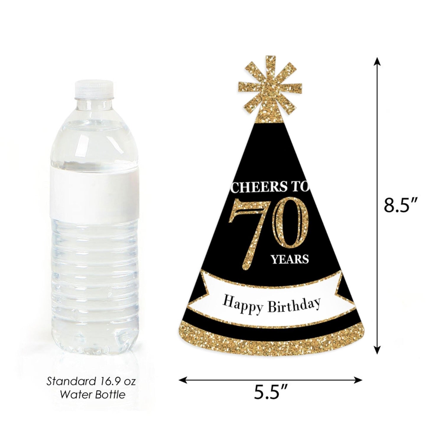Adult 70th Birthday - Gold - Cone Birthday Party Hats for Adults - Set of 8 (Standard Size)