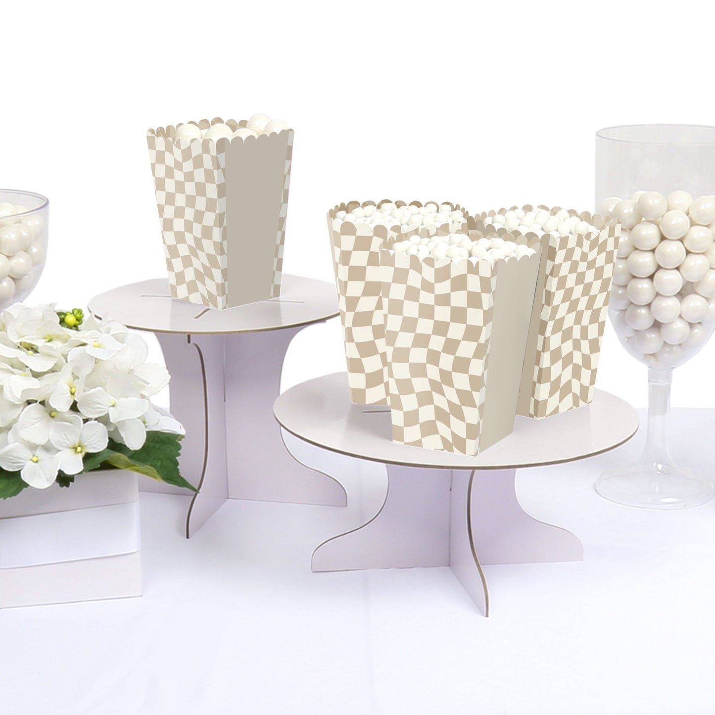 Tan Checkered Party - Favor Popcorn Treat Boxes - Set of 12