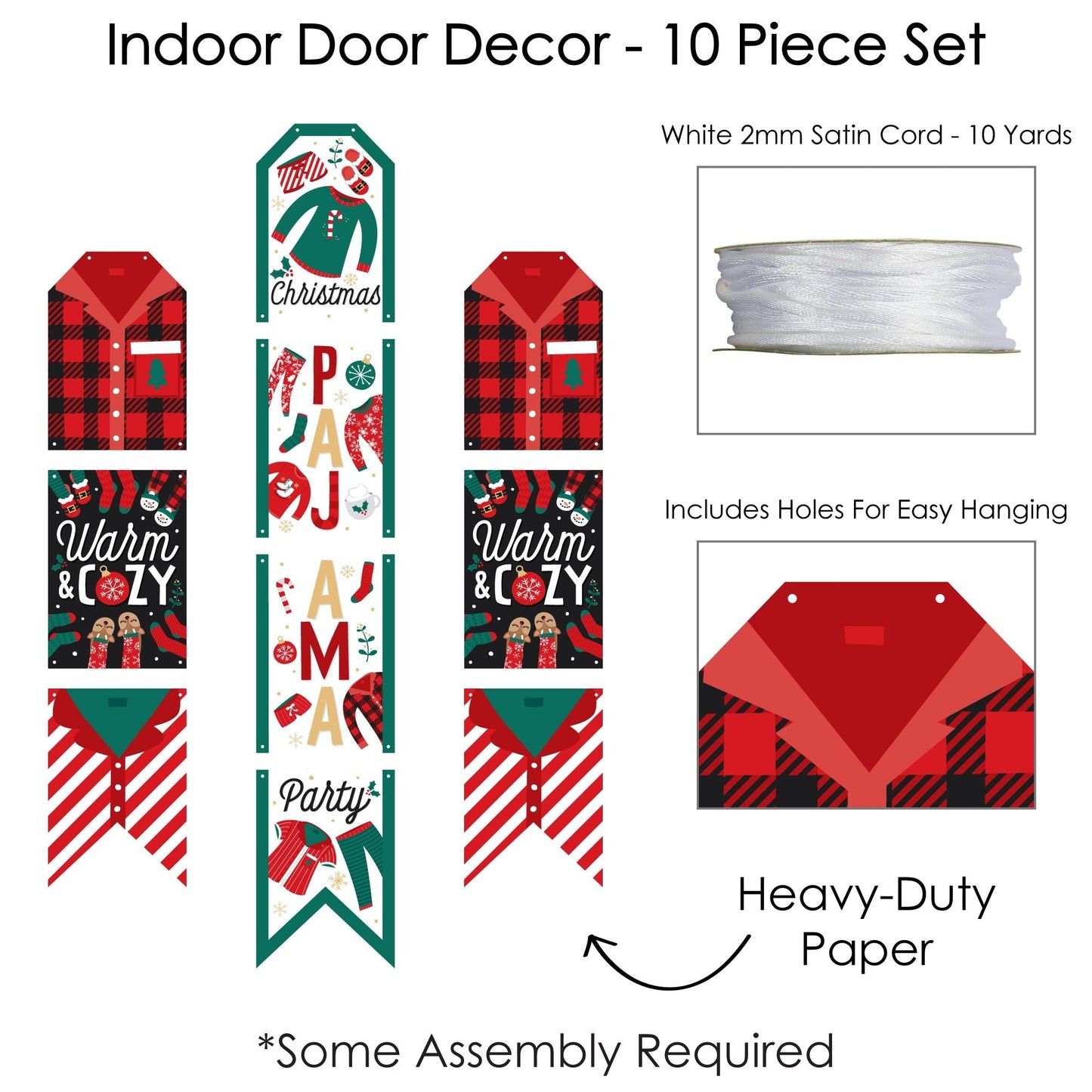 Christmas Pajamas - Hanging Vertical Paper Door Banners - Holiday Plaid PJ Party Wall Decoration Kit - Indoor Door Decor