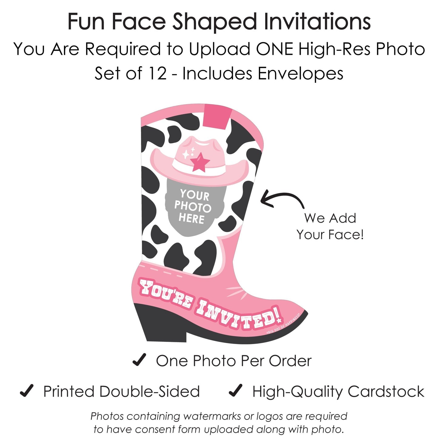 Custom Photo Pink First Rodeo - Cowgirl 1st Birthday Party Fun Face Shaped Fill-In Invitation Cards with Envelopes - Set of 12