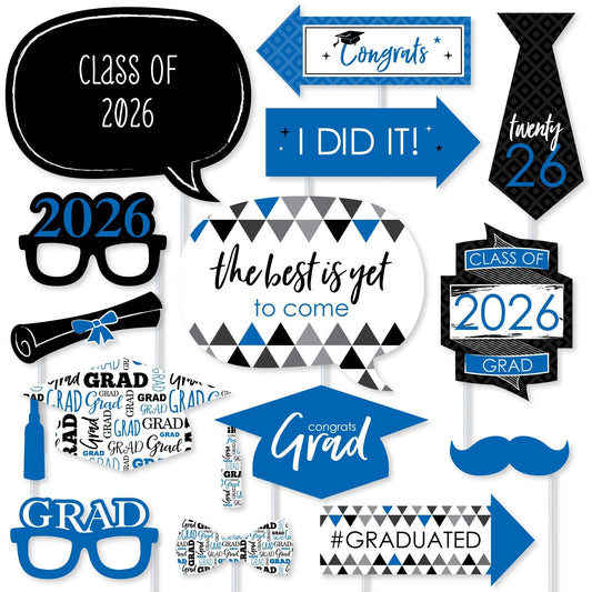 Blue Grad - 2026 Graduation Party Photo Booth Props Kit - 20 Count