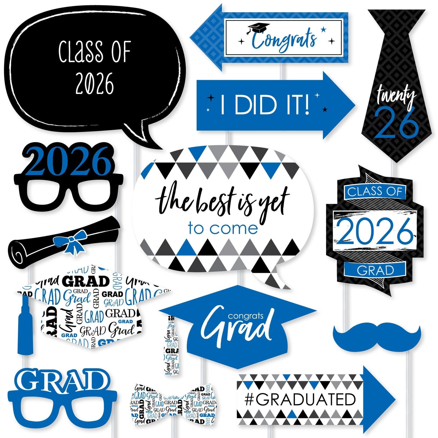 Blue Grad - 2026 Graduation Party Photo Booth Props Kit - 20 Count