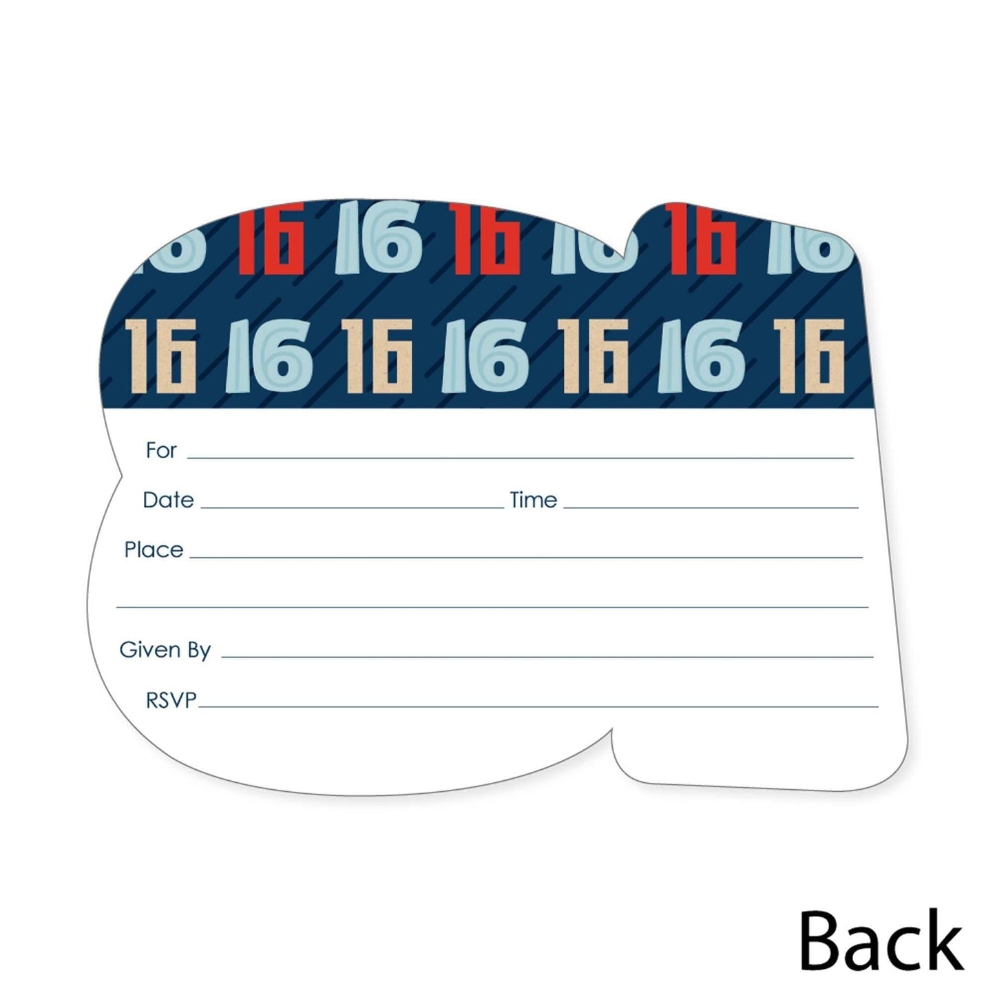 Boy 16th Birthday - Shaped Fill-In Invitations - Sweet Sixteen Birthday Party Invitation Cards with Envelopes - Set of 12