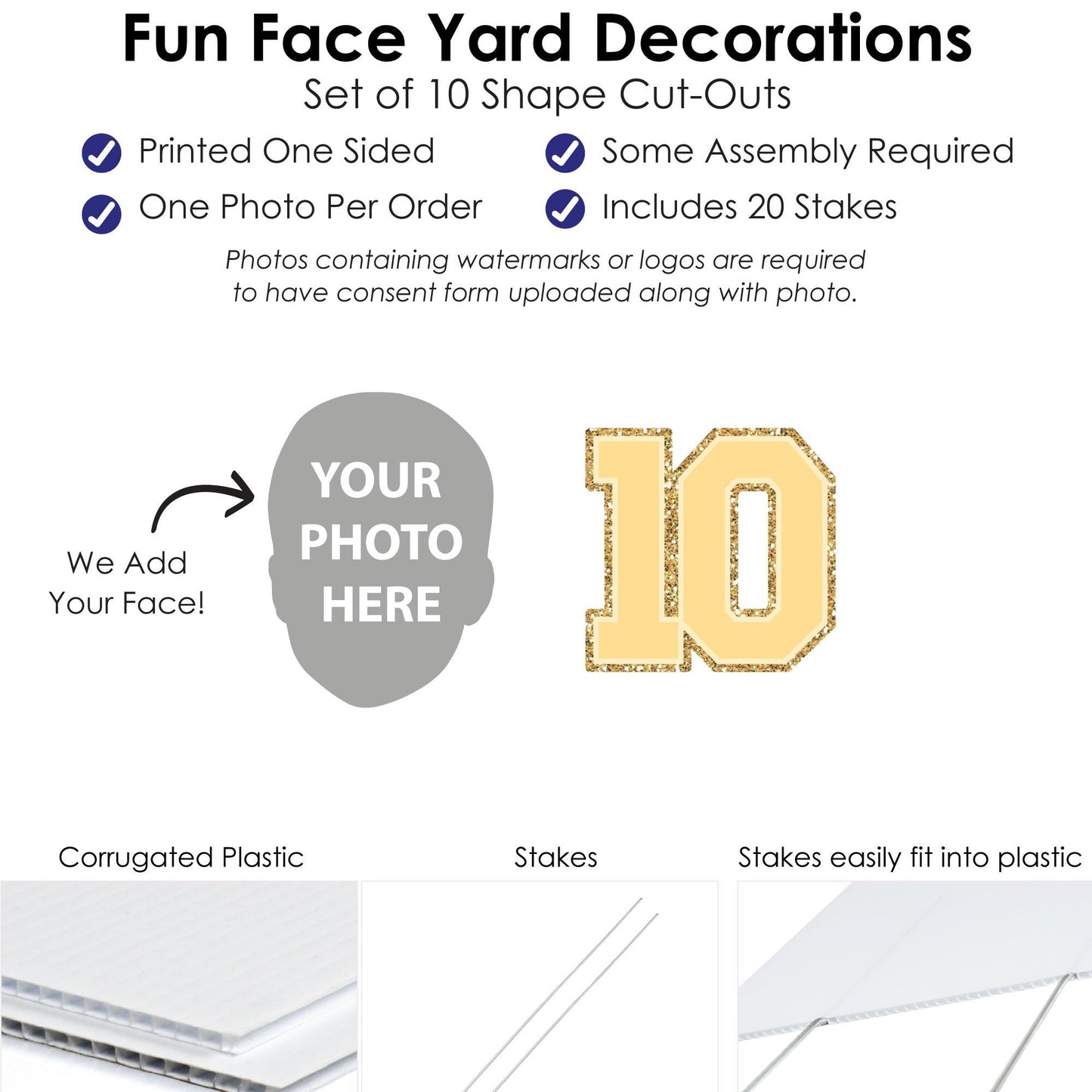 Custom Face Yard Signs - Preppy 10th Birthday Girl - 10 Pc