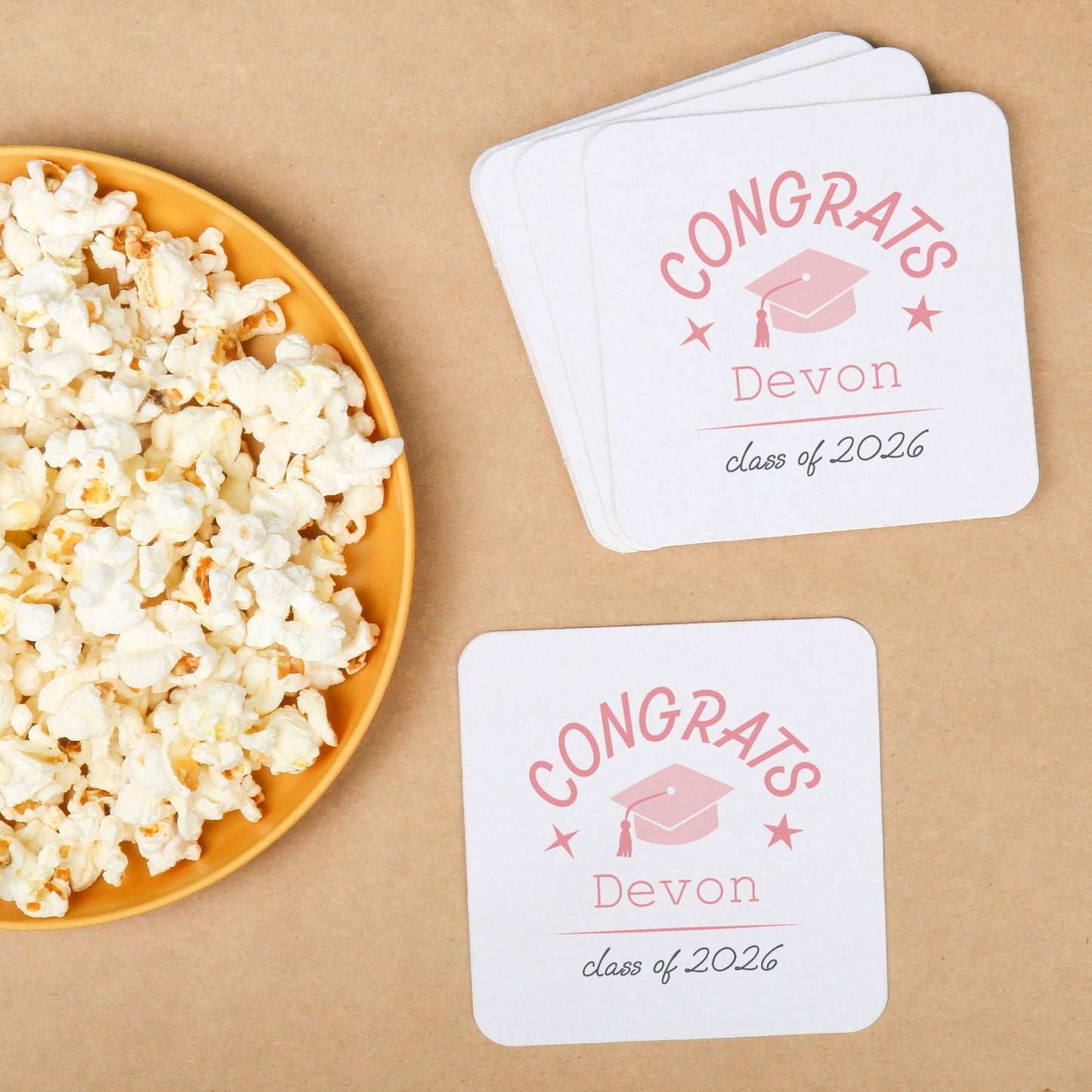 Custom Text Coasters - Pink Graduation - 100 Ct
