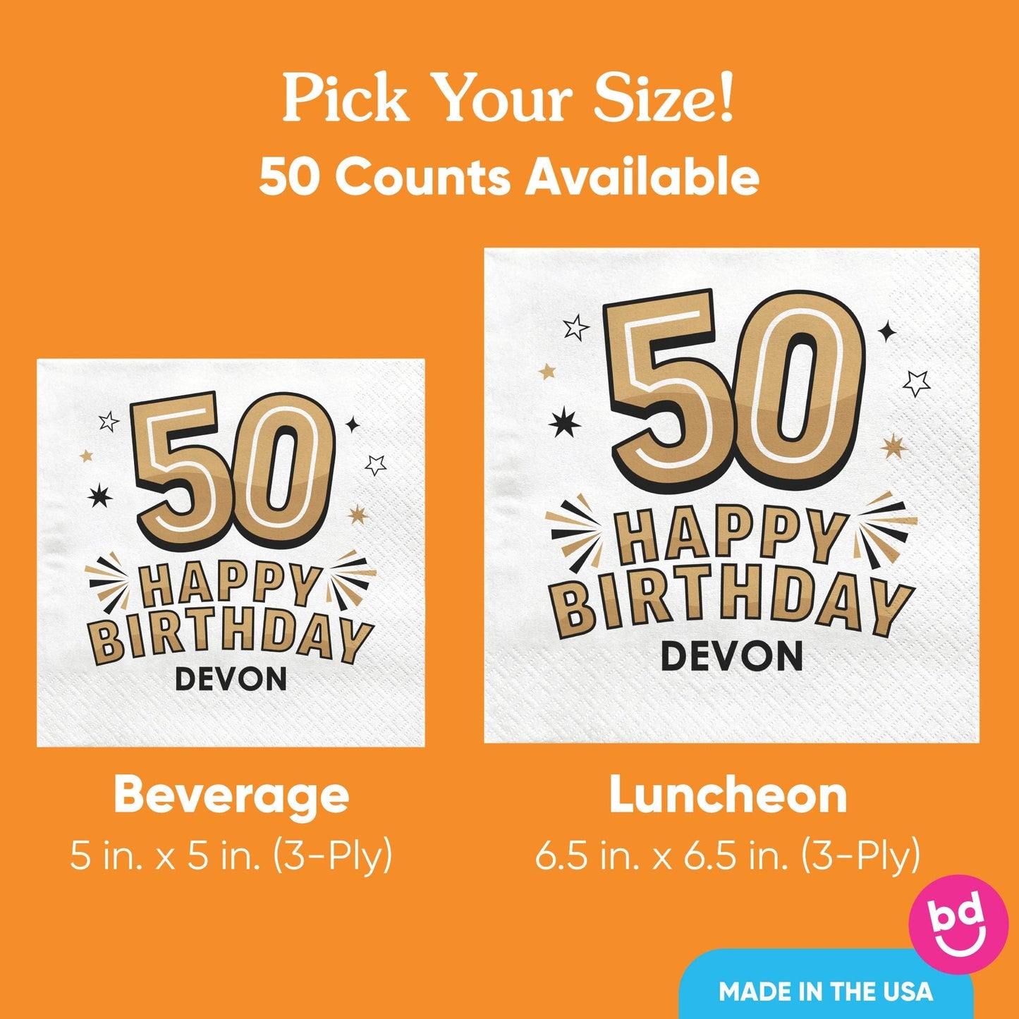 Custom Text Napkins - Black & Gold 50th Birthday