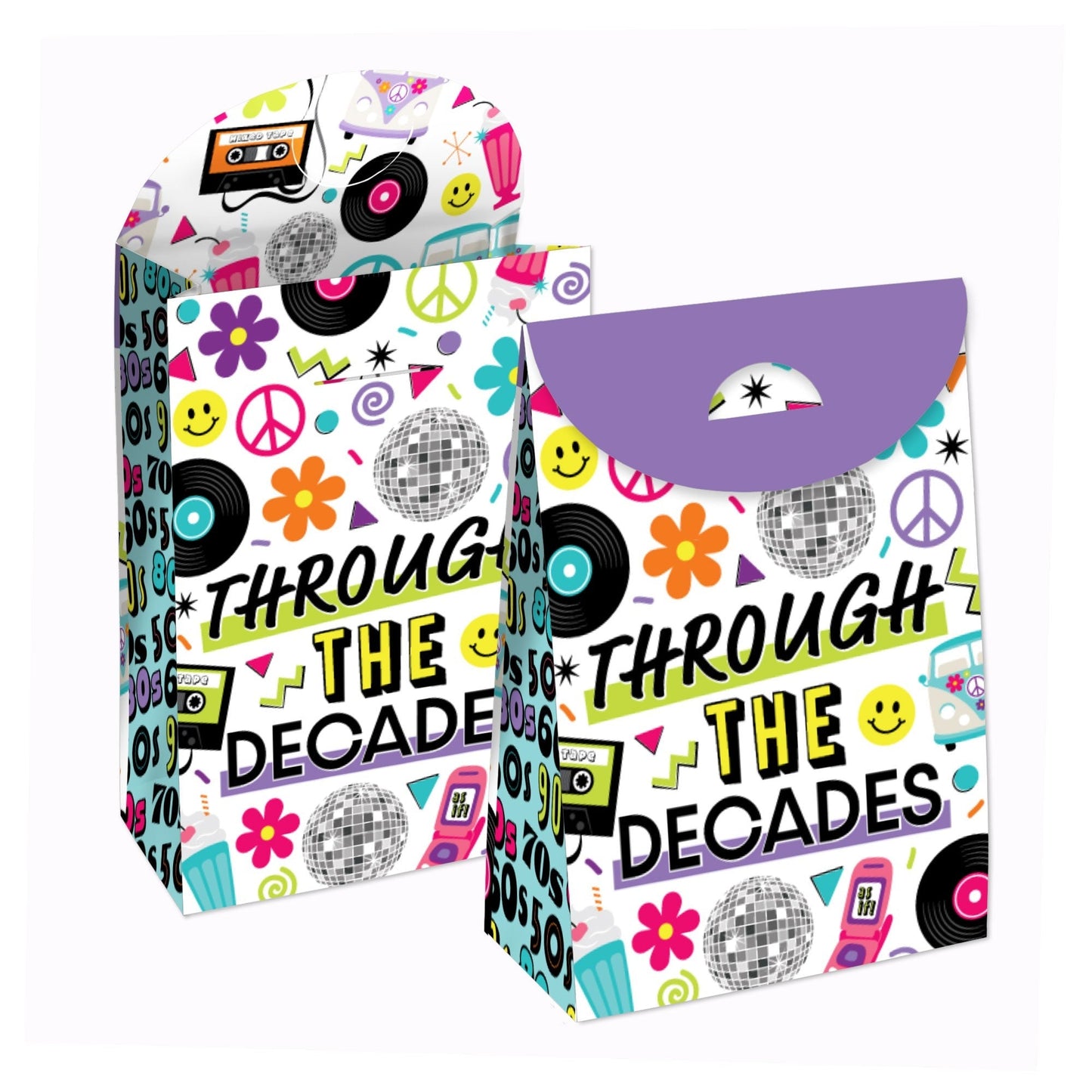 Through the Decades - 50s, 60s, 70s, 80s, and 90s Gift Favor Bags - Party Goodie Boxes - Set of 12