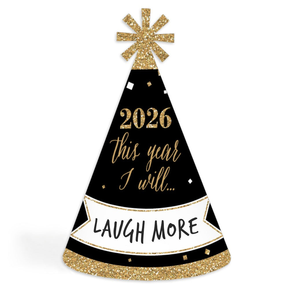 New Year's Eve - Gold - 2026 New Year's Eve Resolution Cone Party Hats for Adults - Set of 8 (Standard Size)