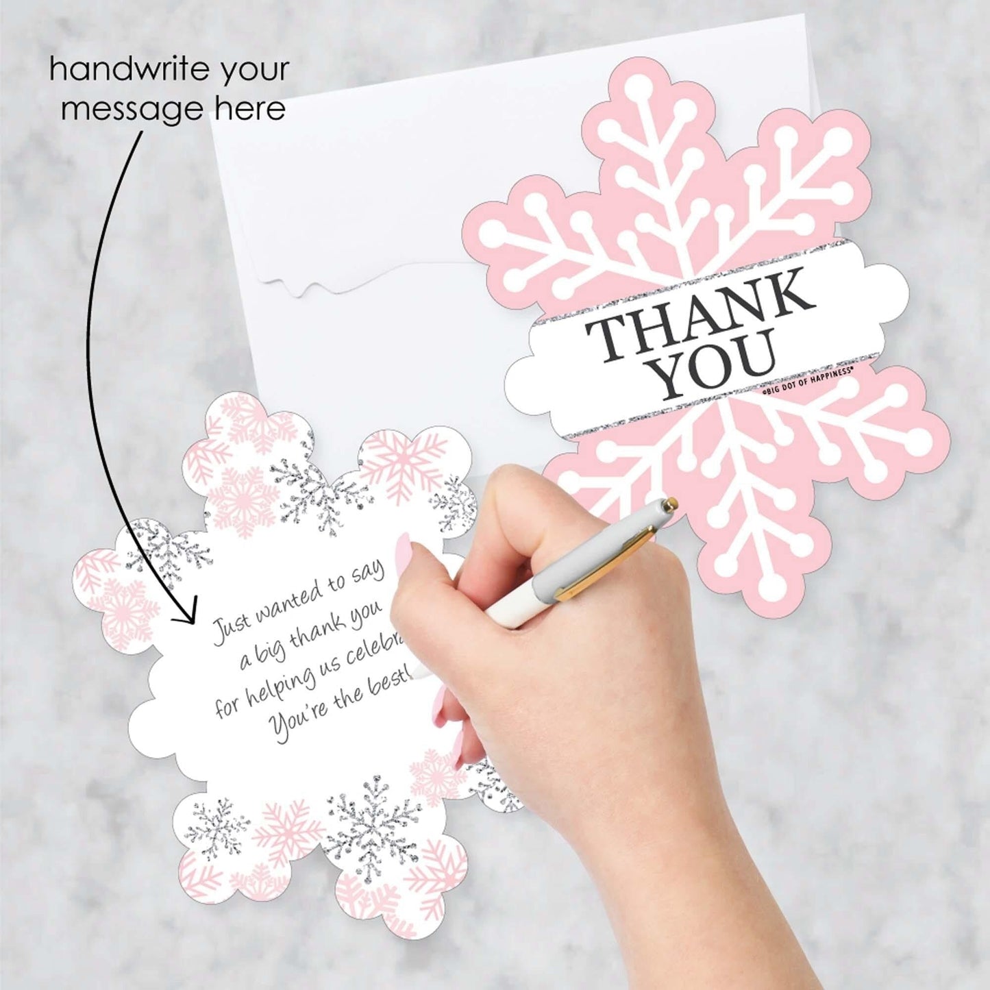 Pink Winter Wonderland - Shaped Thank You Cards - Holiday Snowflake Birthday Party and Baby Shower Thank You Note Cards with Envelopes - Set of 12
