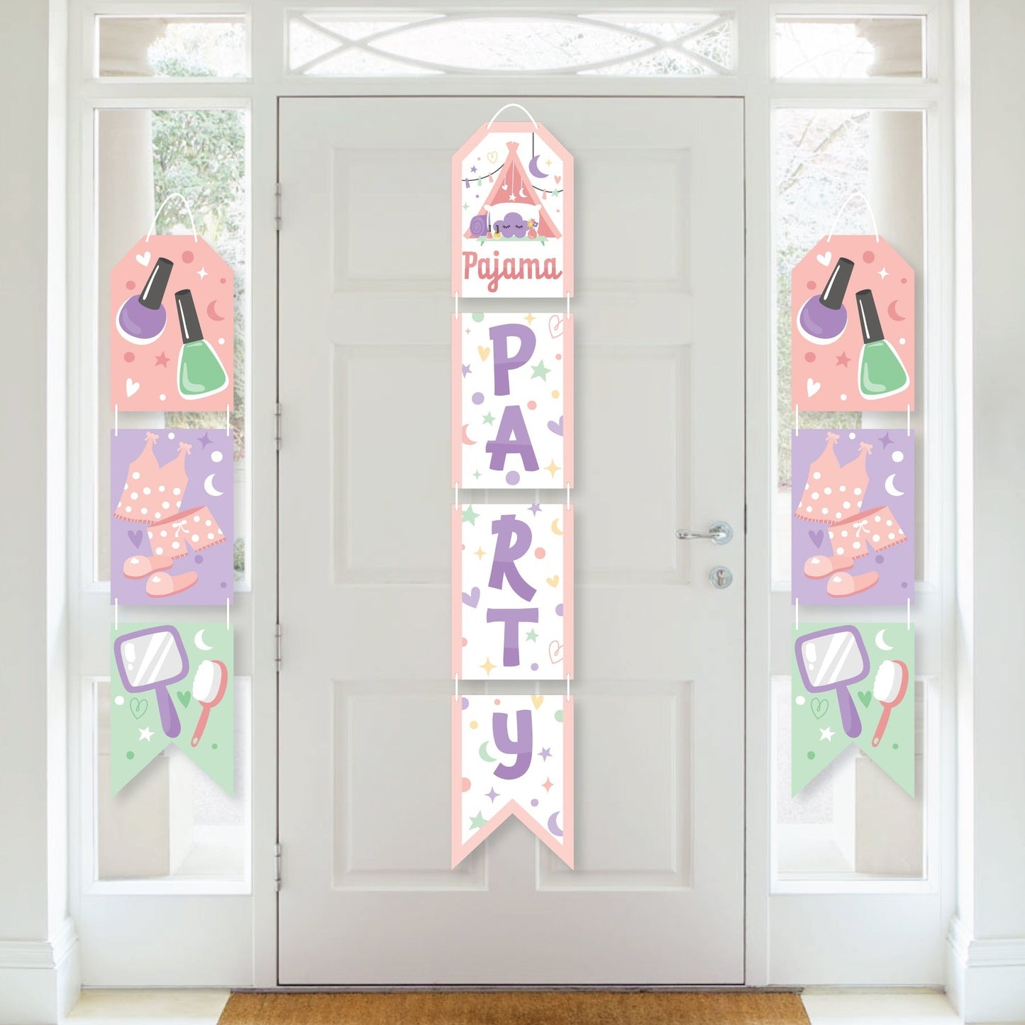 Pajama Slumber Party - Hanging Vertical Paper Door Banners - Girls Sleepover Birthday Party Wall Decoration Kit - Indoor Door Decor
