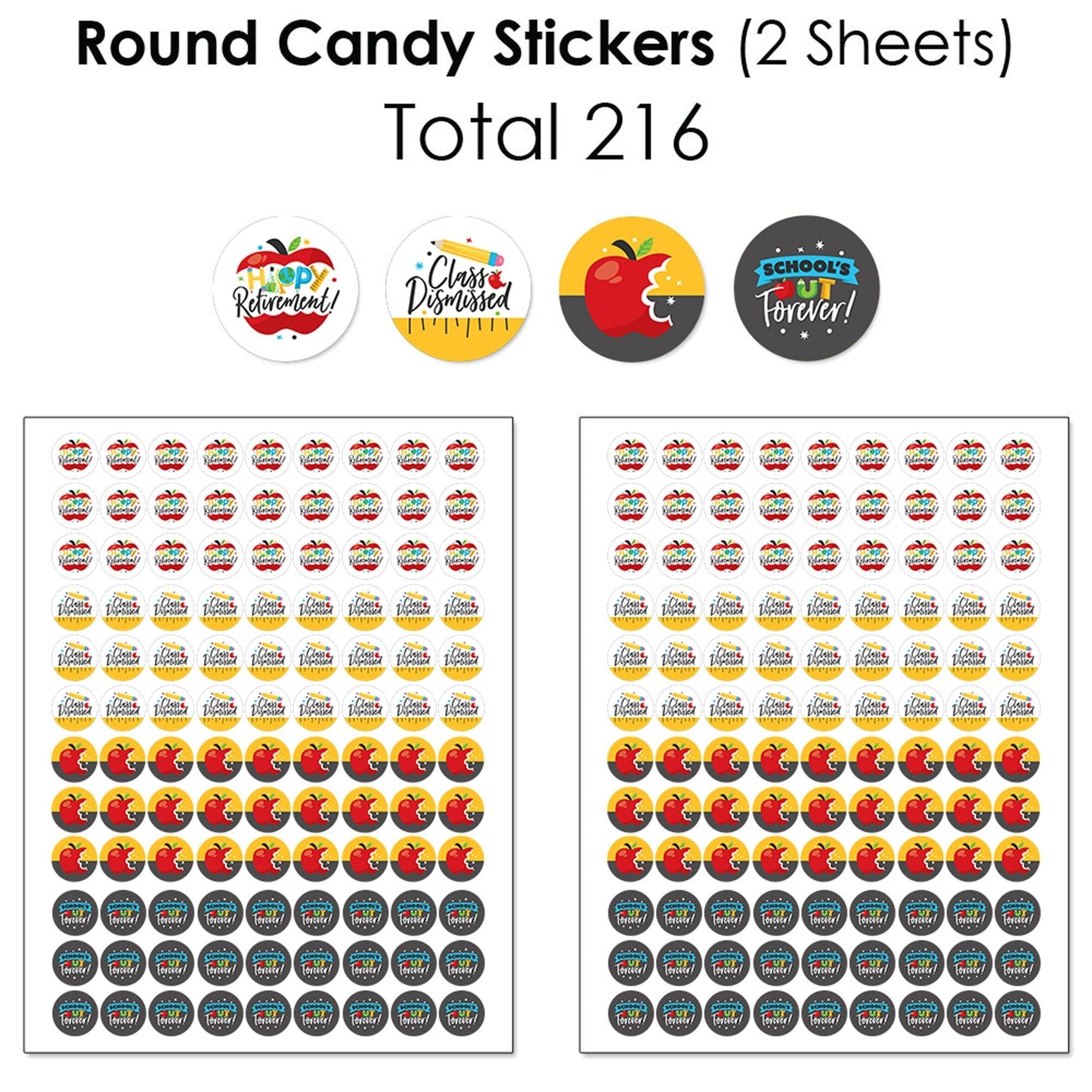 Teacher Retirement - Mini Candy Bar Wrappers, Round Candy Stickers and Circle Stickers - Happy Retirement Party Candy Favor Sticker Kit - 304 Pieces