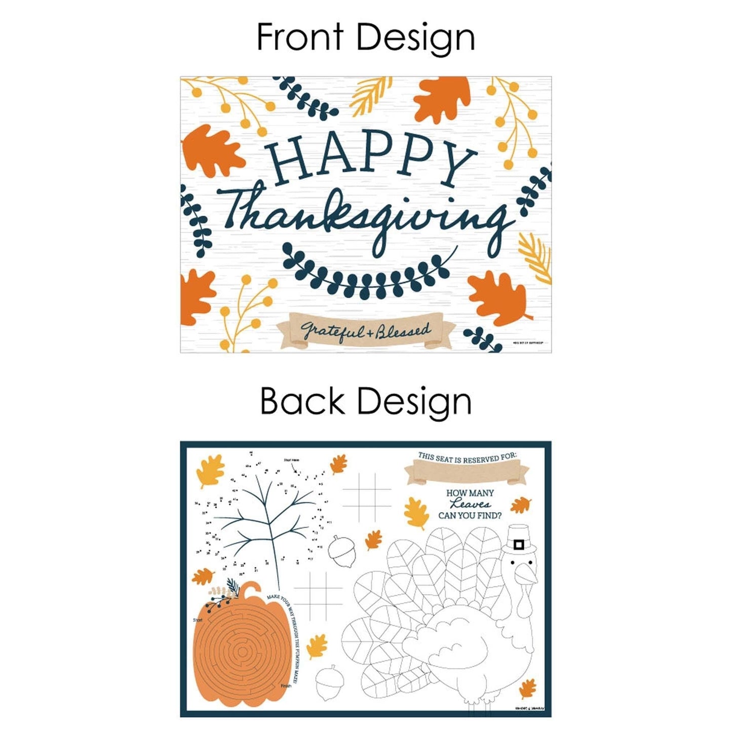 Happy Thanksgiving - Paper Fall Harvest Party Coloring Sheets - Activity Placemats - Set of 16