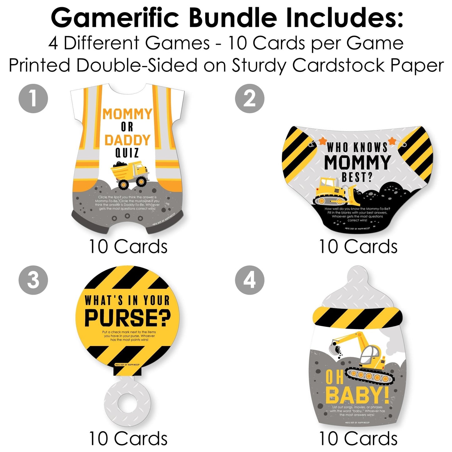 Dig It - Construction Party Zone - 4 Baby Shower Games - 10 Cards Each - Gamerific Bundle