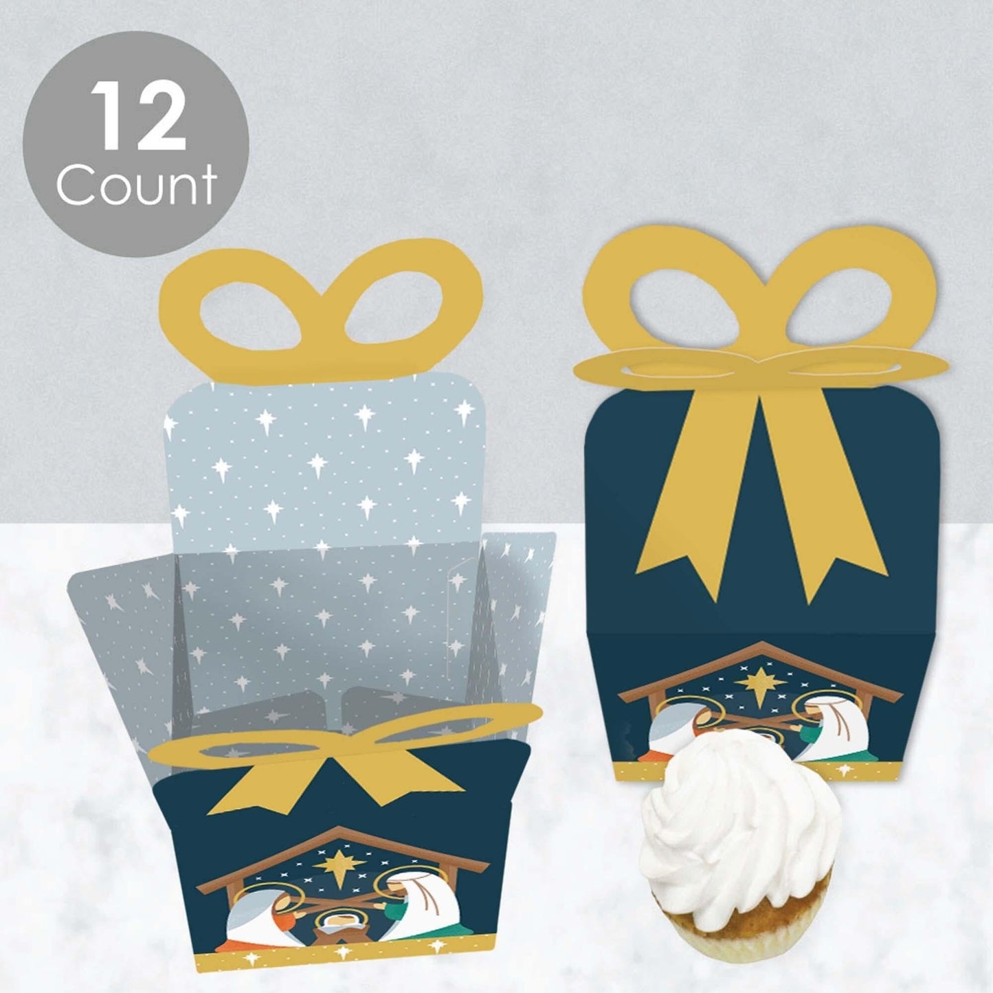 Holy Nativity - Square Favor Gift Boxes - Manger Scene Religious Christmas Bow Boxes - Set of 12