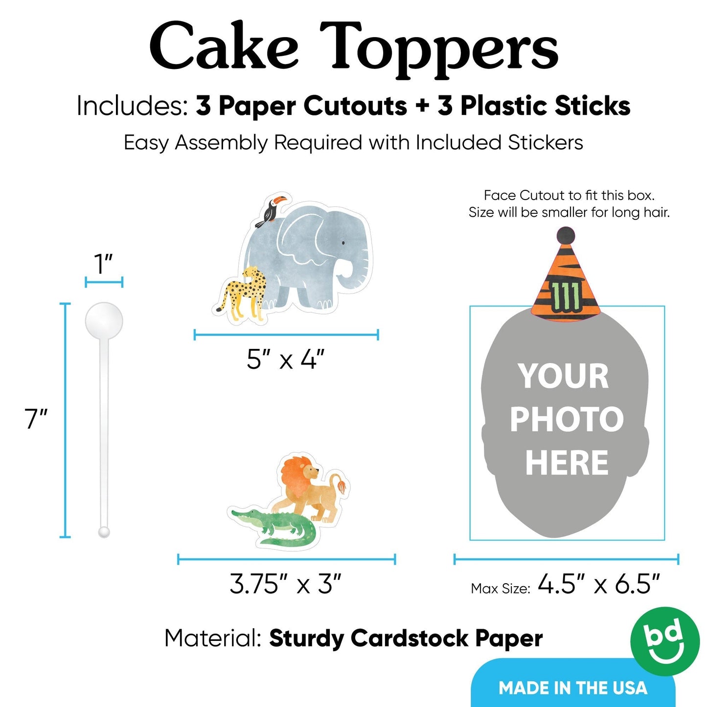 Custom Photo Safari Animals Cake Topper - 3 Pc