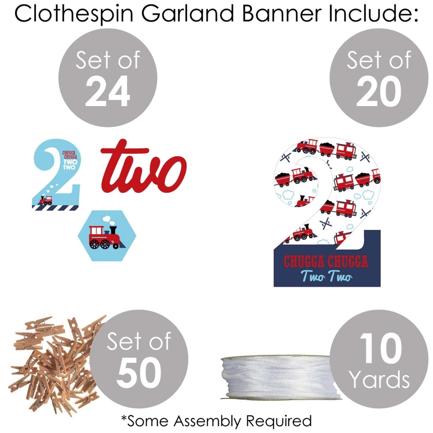 2nd Birthday Railroad Party Crossing - Chugga Chugga Two Two - Steam Train Second Birthday Party DIY Decorations - Clothespin Garland Banner - 44 Pieces