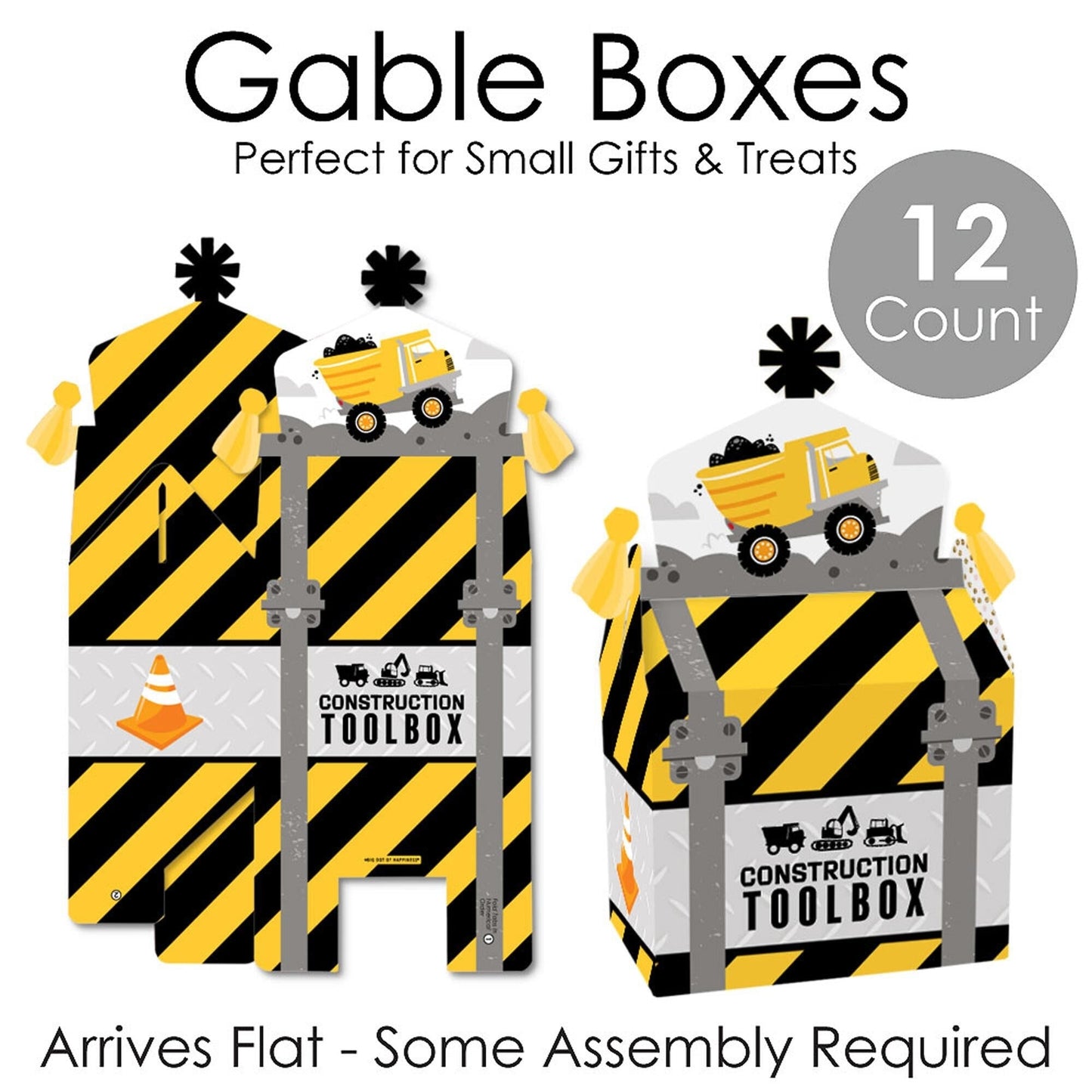 Dig It - Construction Party Zone - Treat Box Party Favors - Baby Shower or Birthday Party Goodie Gable Boxes - Set of 12