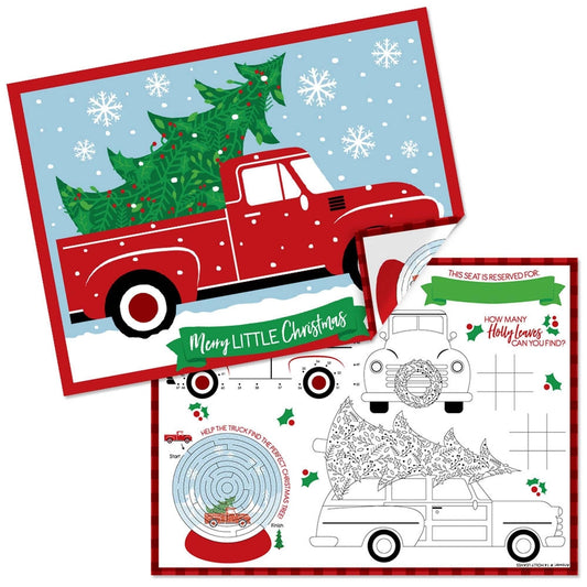 Merry Little Christmas Tree - Paper Red Truck and Car Christmas Party Coloring Sheets - Activity Placemats - Set of 16