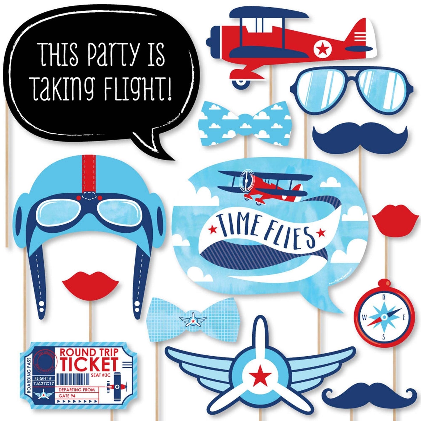Taking Flight - Airplane - Vintage Plane Baby Shower or Birthday Party Photo Booth Props Kit - 20 Count