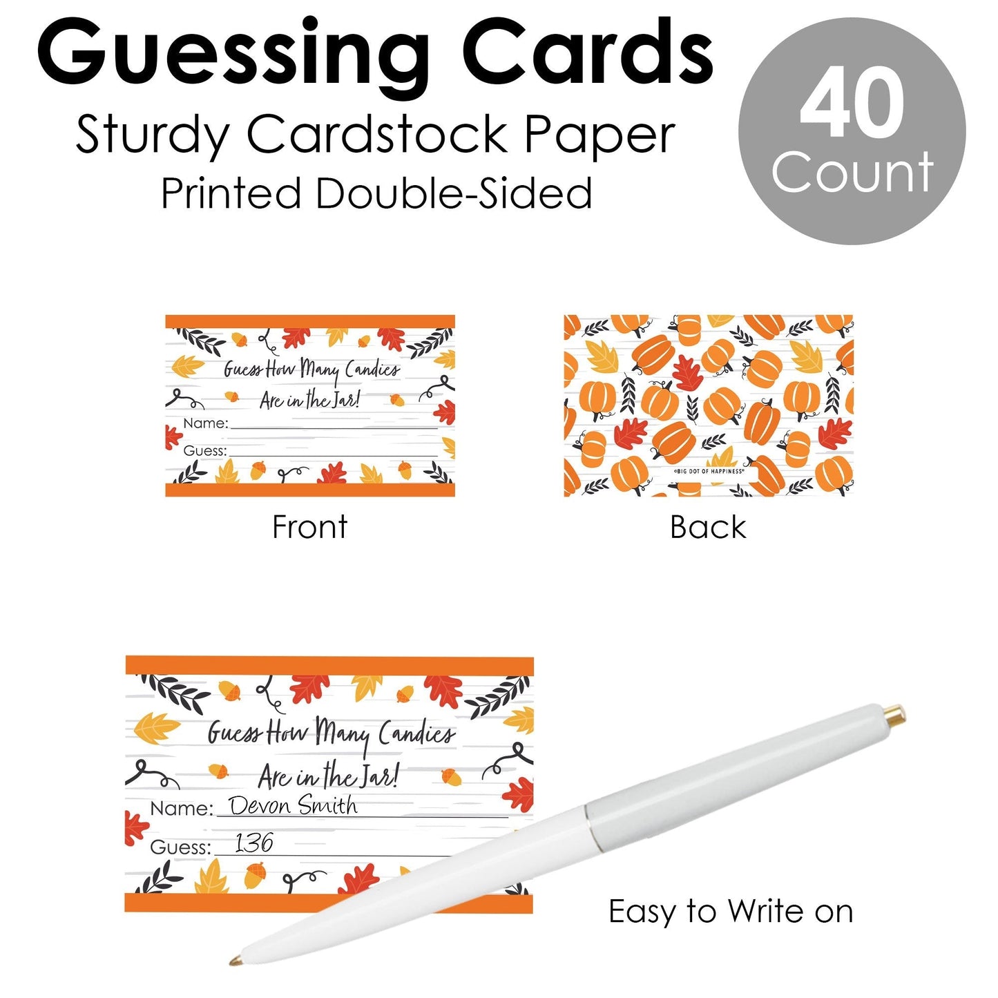 Fall Pumpkin - How Many Candies Halloween or Thanksgiving Party Game - 1 Stand and 40 Cards - Candy Guessing Game