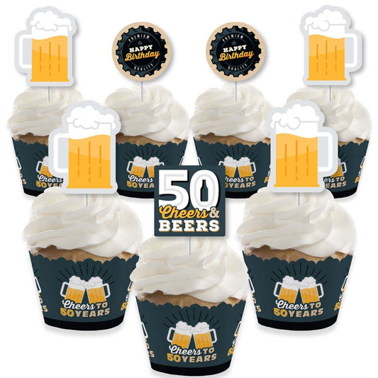Cheers and Beers to 50 Years - Cupcake Decoration - 50th Birthday Party Cupcake Wrappers and Treat Picks Kit - Set of 24