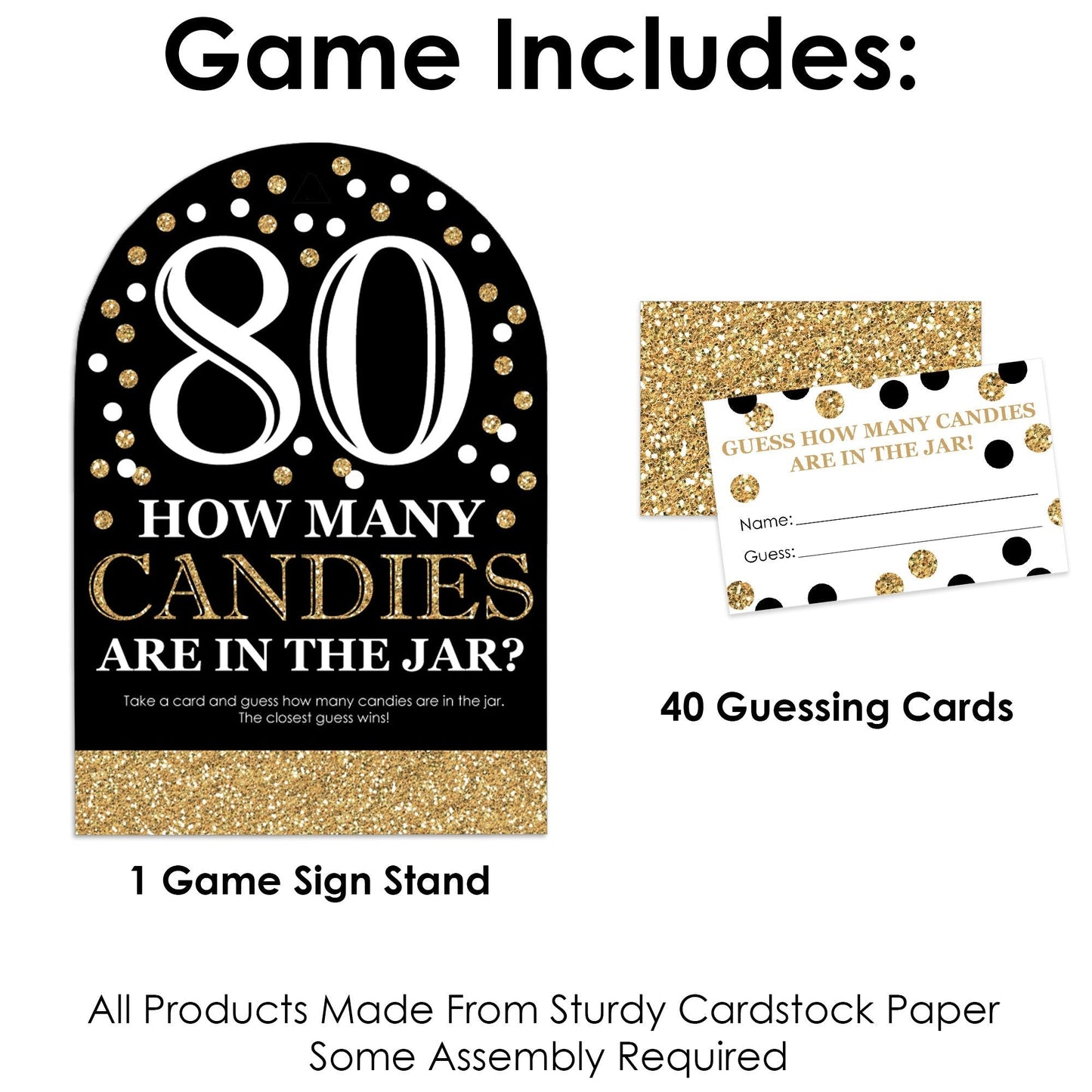 Adult 80th Birthday - Gold - How Many Candies Birthday Party Game - 1 Stand and 40 Cards - Candy Guessing Game