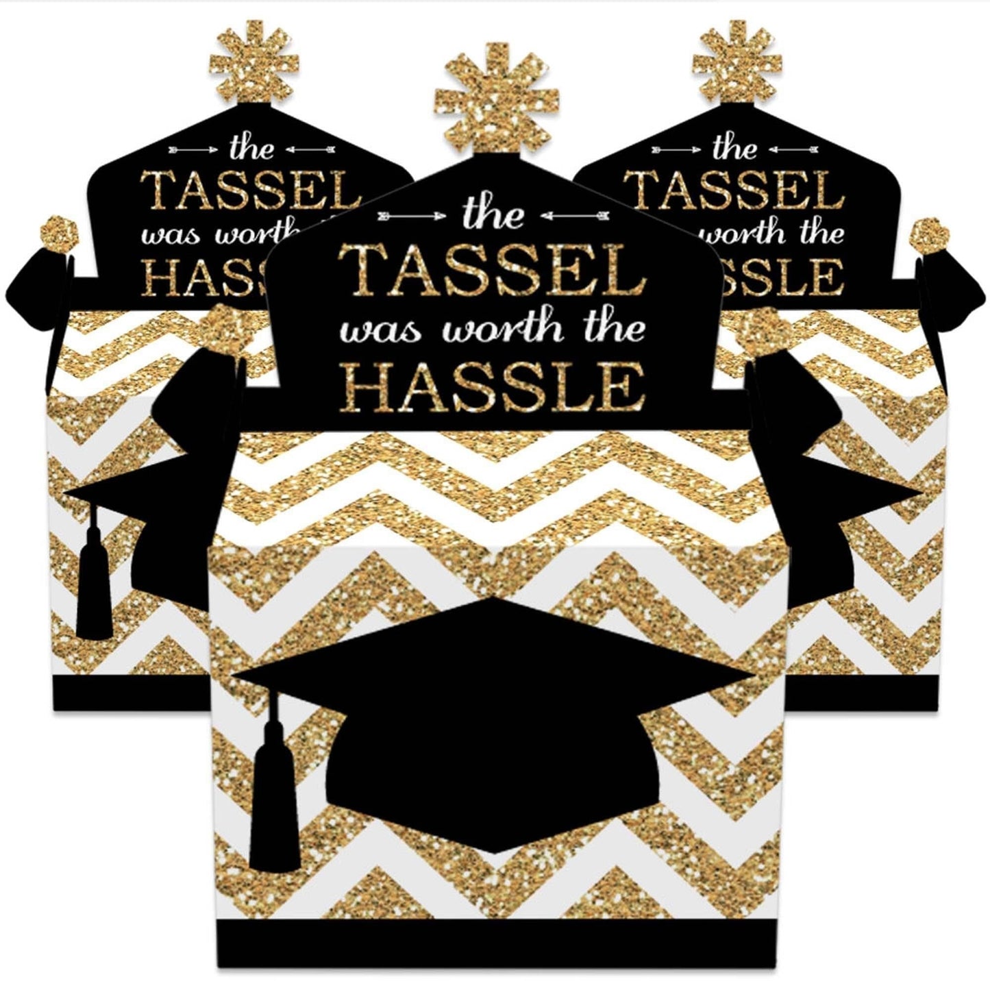 Tassel Worth The Hassle - Gold - Treat Box Party Favors - Graduation Party Goodie Gable Boxes - Set of 12