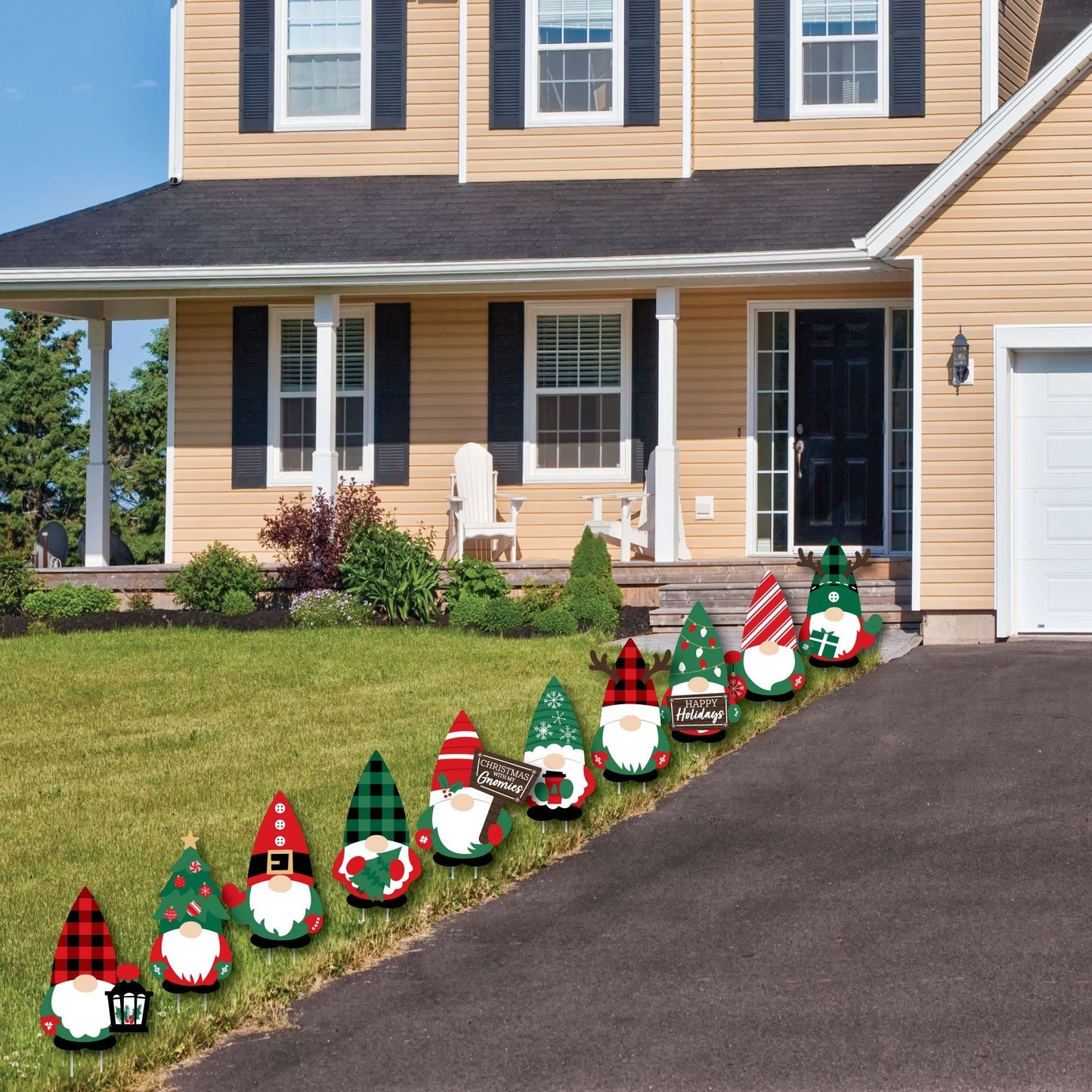 Red and Green Holiday Gnomes - Lawn Decorations - Outdoor Christmas Party Yard Decorations - 10 Piece