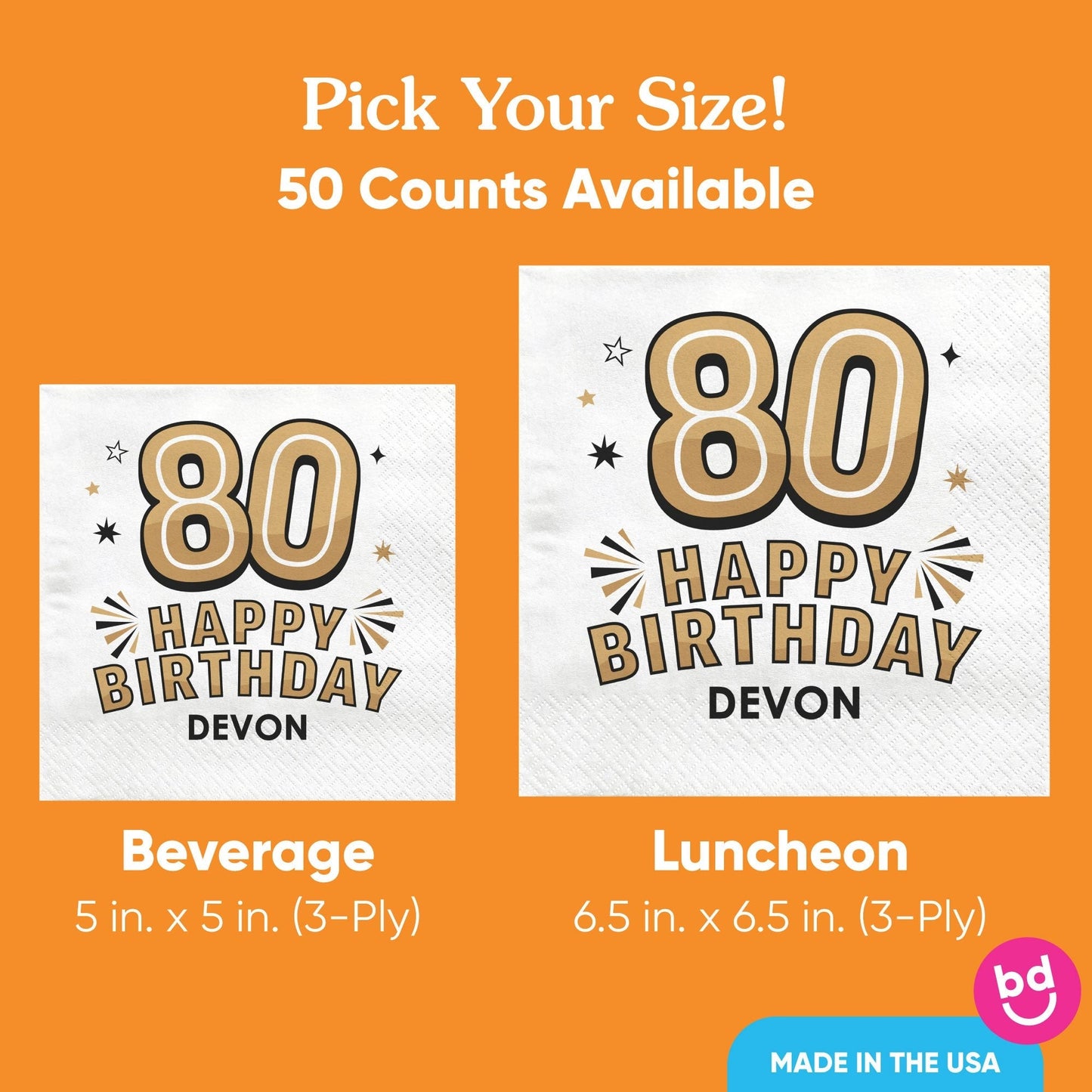 Custom Text Napkins - Black & Gold 80th Birthday