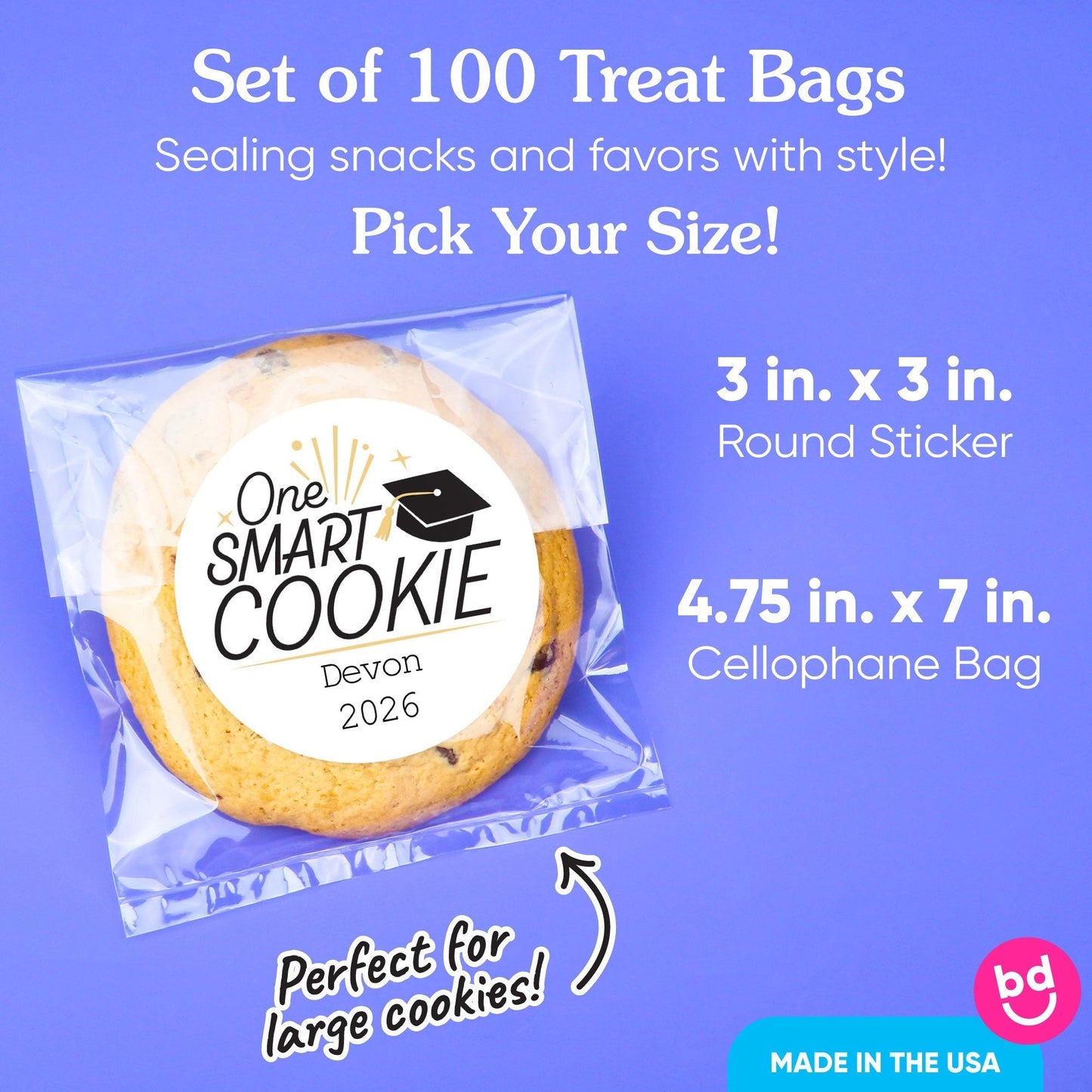 Custom Text Stickers & Clear Cookie Bags - Black & Gold Grad - 100 Ct