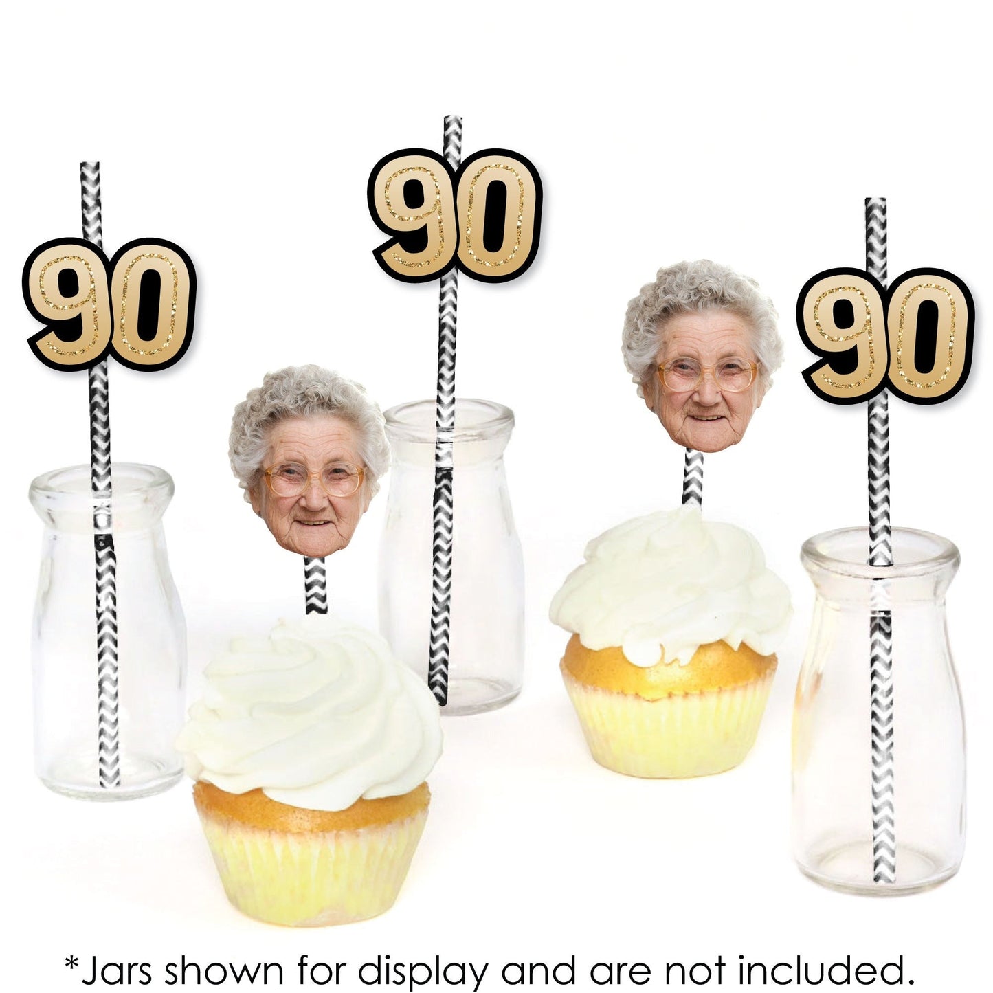 Custom 90th Birthday Face Cutout Straw Decor - 24 Ct