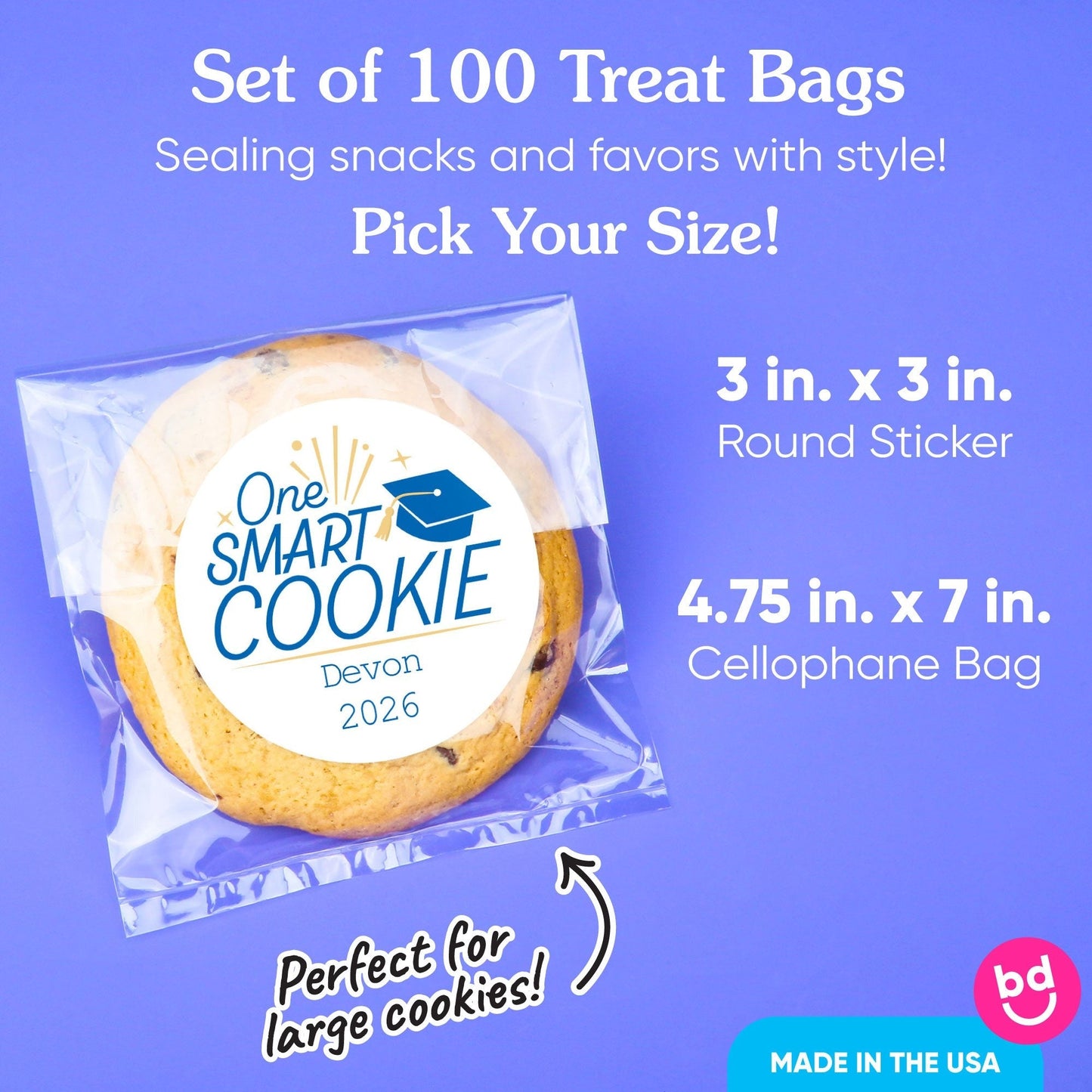 Custom Text Stickers & Clear Cookie Bags - Blue Grad - 100 Ct
