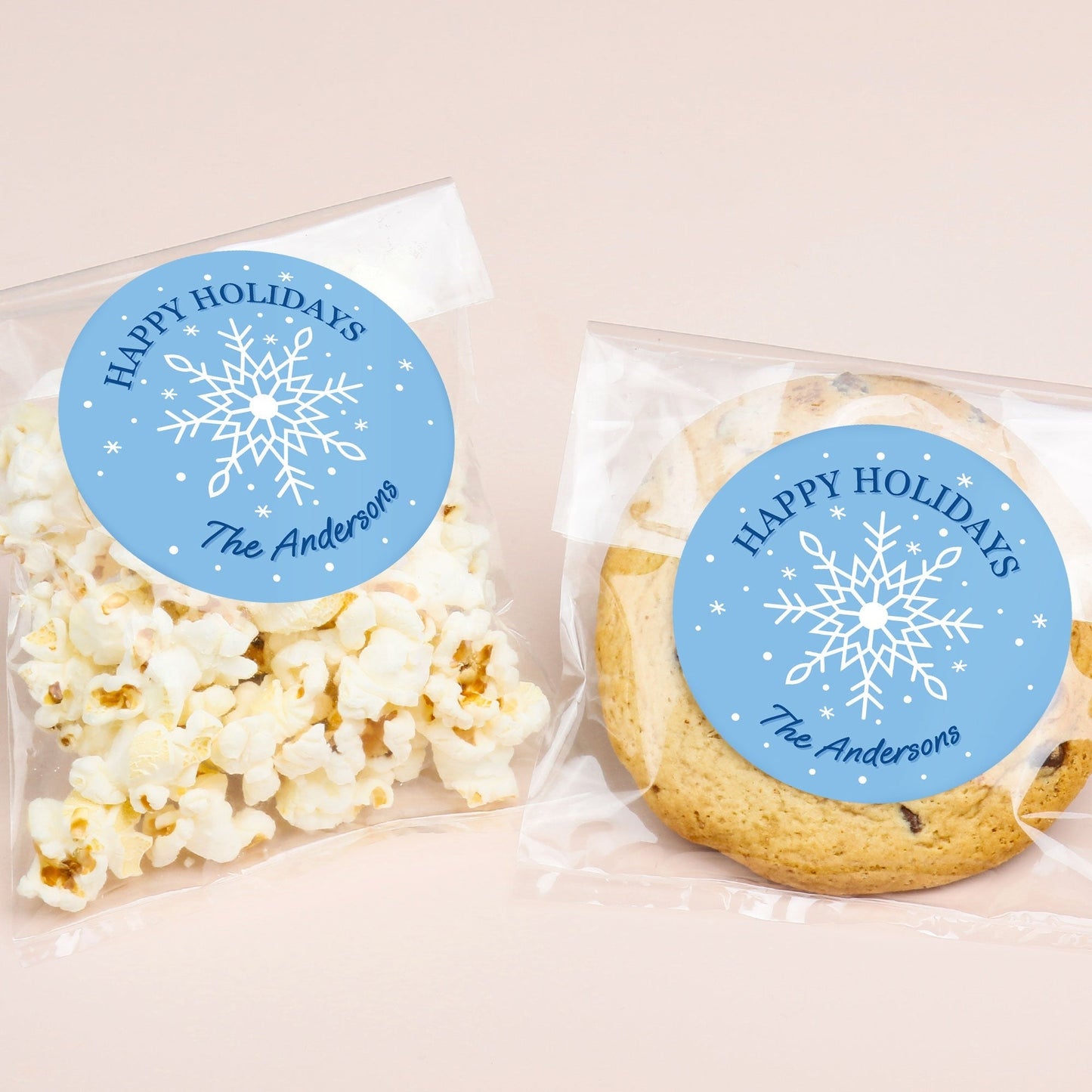Custom Text Stickers & Clear Cookie Bags - Blue Snowflakes - 25 Ct