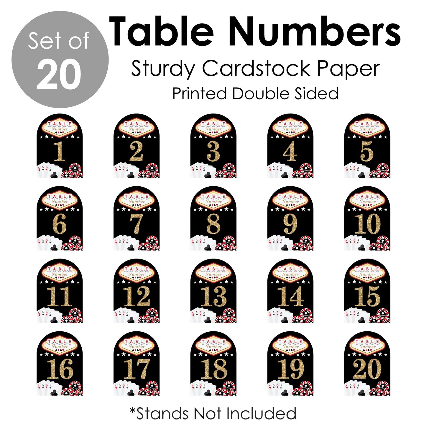 Las Vegas - Casino Party Double-Sided 5 x 7 inches Cards - Table Numbers - 1-20