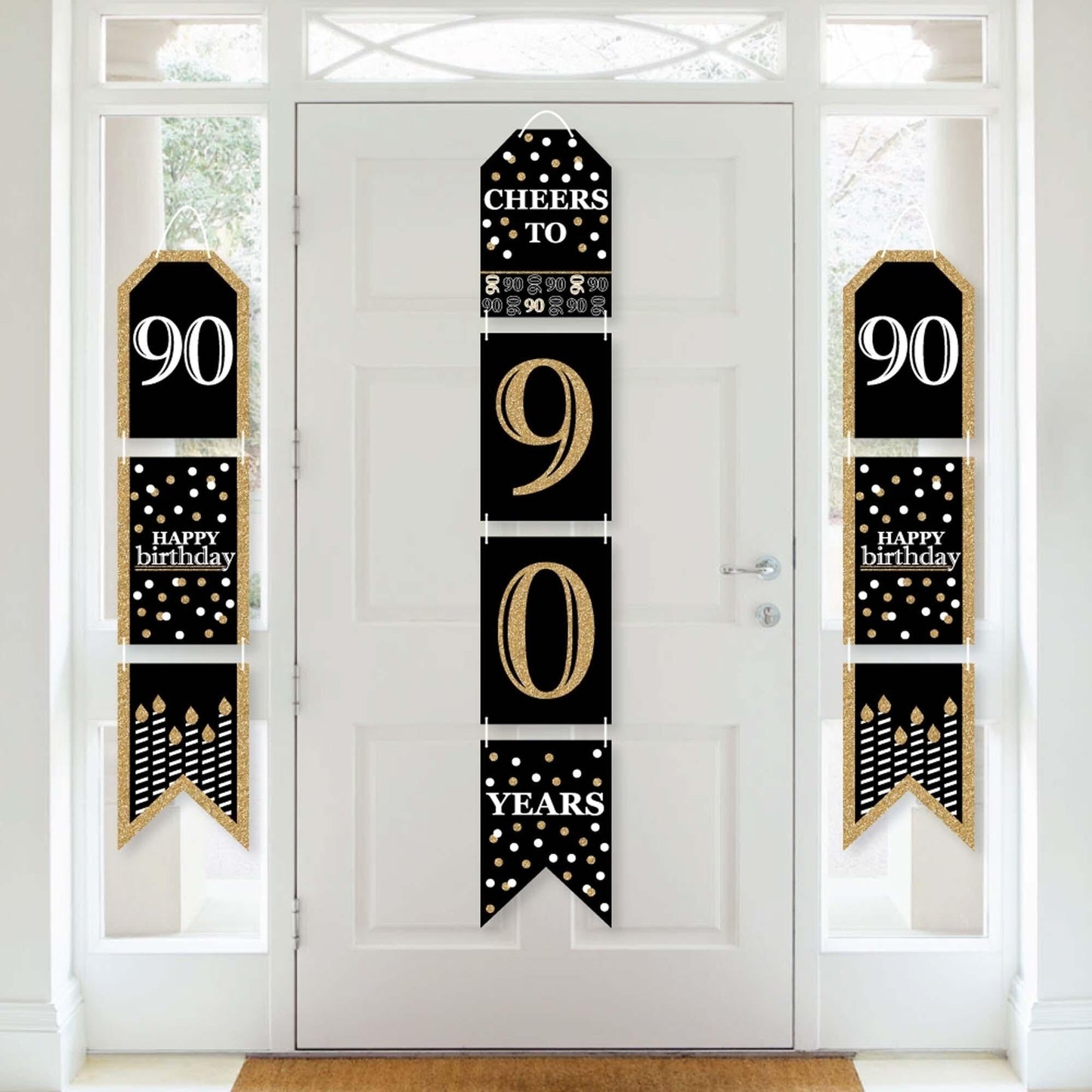 Adult 90th Birthday - Gold - Hanging Vertical Paper Door Banners - Birthday Party Wall Decoration Kit - Indoor Door Decor