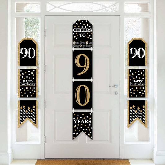 Adult 90th Birthday - Gold - Hanging Vertical Paper Door Banners - Birthday Party Wall Decoration Kit - Indoor Door Decor