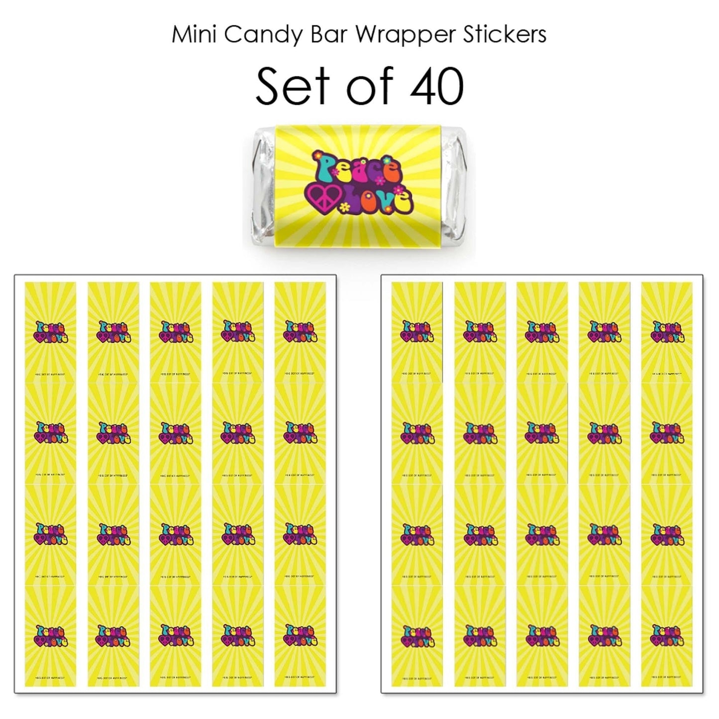 60's Hippie - Mini Candy Bar Wrapper Stickers - 1960s Groovy Party Small Favors - 40 Count