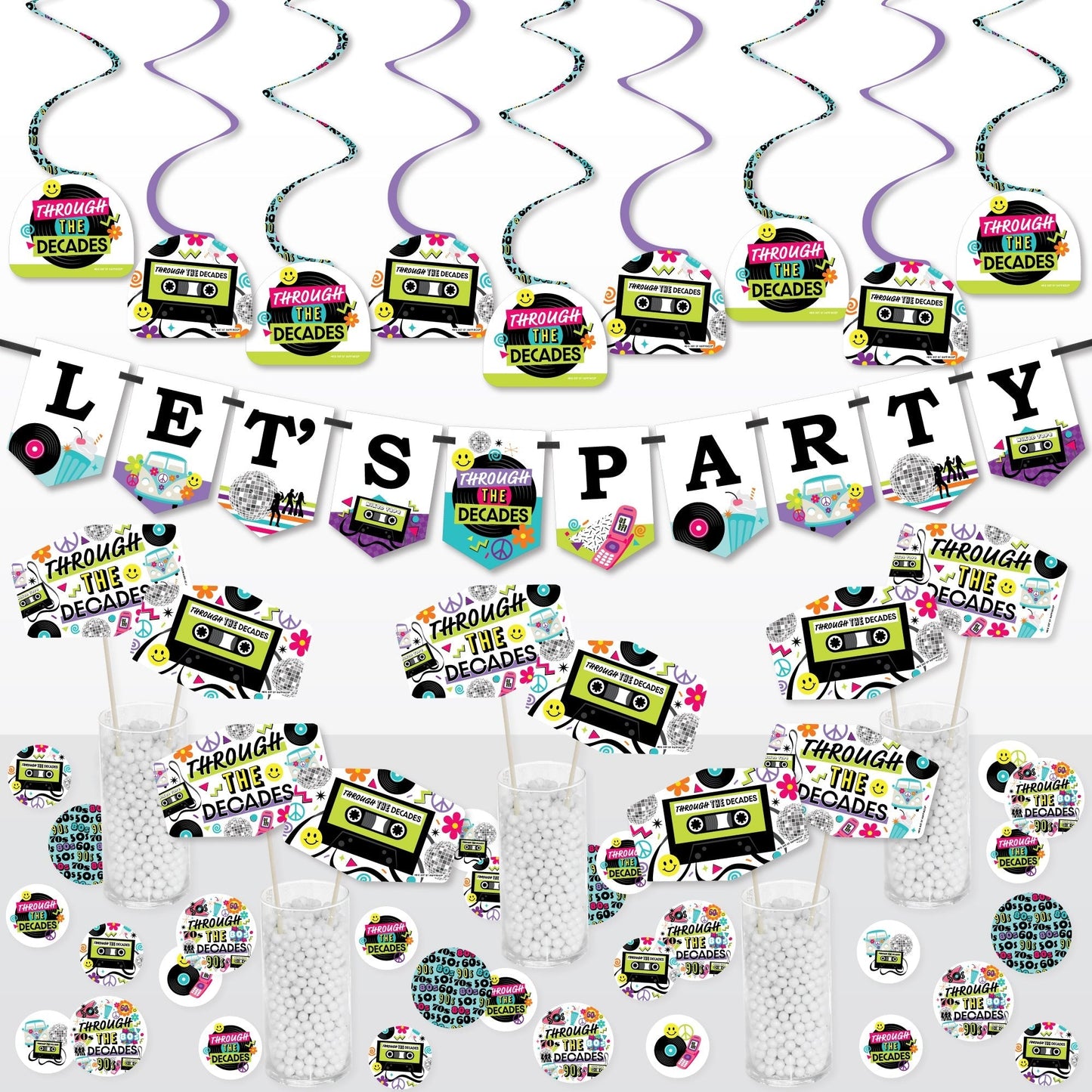 Through the Decades - 50s, 60s, 70s, 80s, and 90s Party Supplies Decoration Kit - Decor Galore Party Pack - 51 Pieces