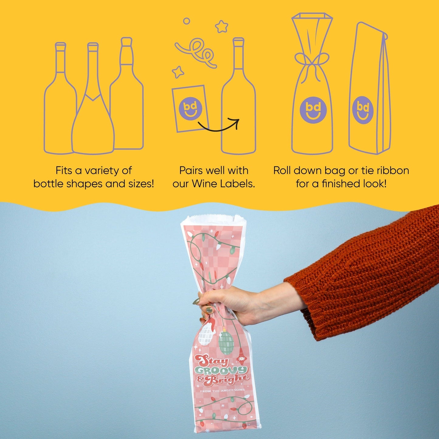 Custom Text Wine Bags - Groovy Christmas