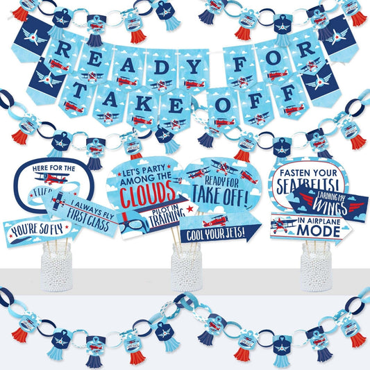 Taking Flight - Airplane - Banner and Photo Booth Decorations - Vintage Plane Baby Shower or Birthday Party Supplies Kit - Doterrific Bundle