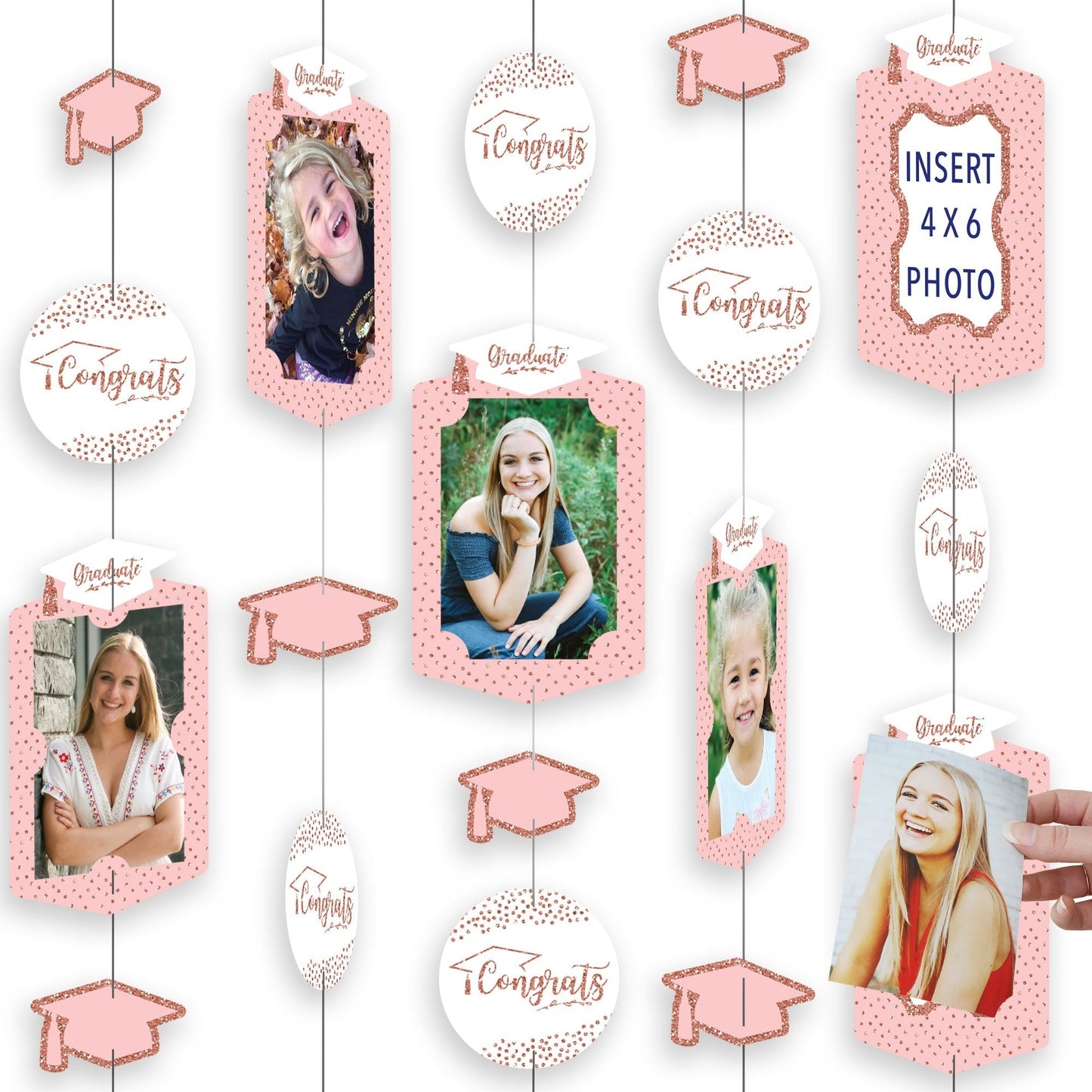 Rose Gold Grad - Graduation Party DIY Backdrop Decor - Hanging Vertical Photo Garland - 35 Pieces