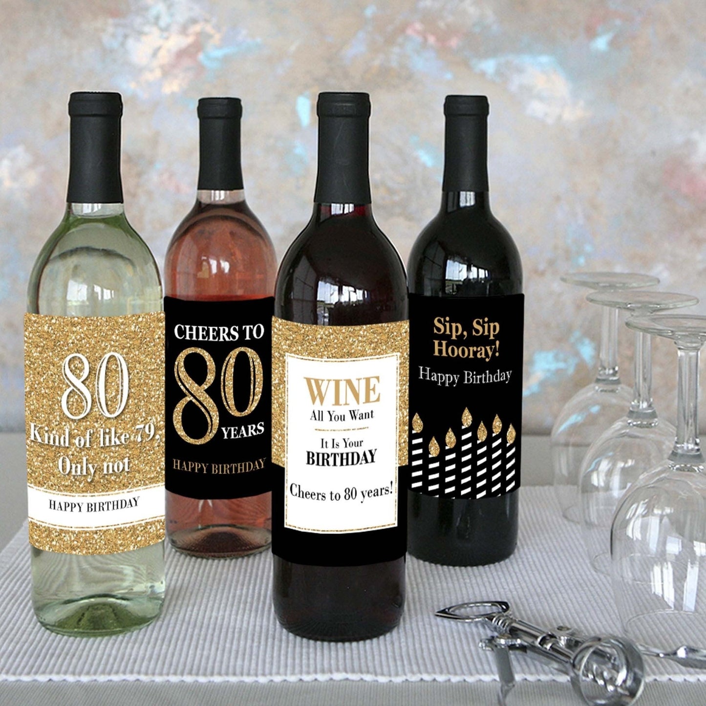 Adult 80th Birthday - Gold - Decorations for Women and Men - Wine Bottle Label Birthday Party Gift - Set of 4