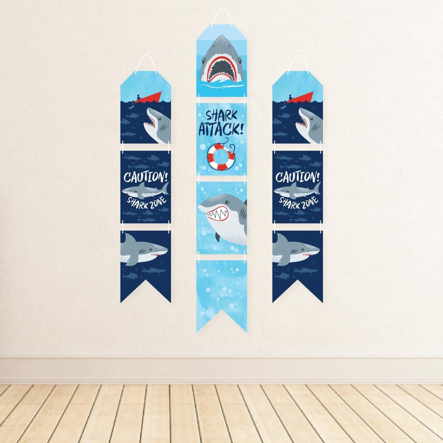 Shark Zone - Hanging Vertical Paper Door Banners - Jawsome Shark Party or Birthday Party Wall Decoration Kit - Indoor Door Decor