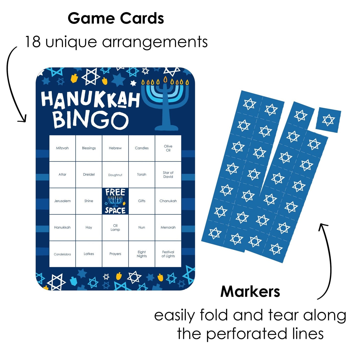 Hanukkah Menorah - Bingo Cards and Markers - Chanukah Holiday Party Bingo Game - Set of 18