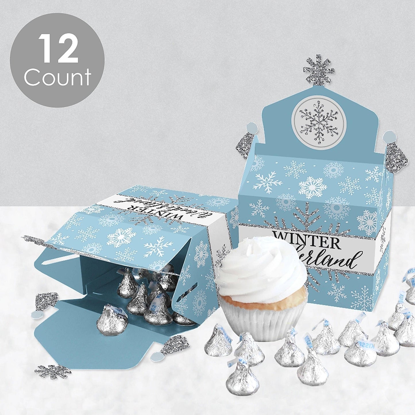 Winter Wonderland - Treat Box Party Favors - Snowflake Holiday Birthday Party and Baby Shower Goodie Gable Boxes - Set of 12