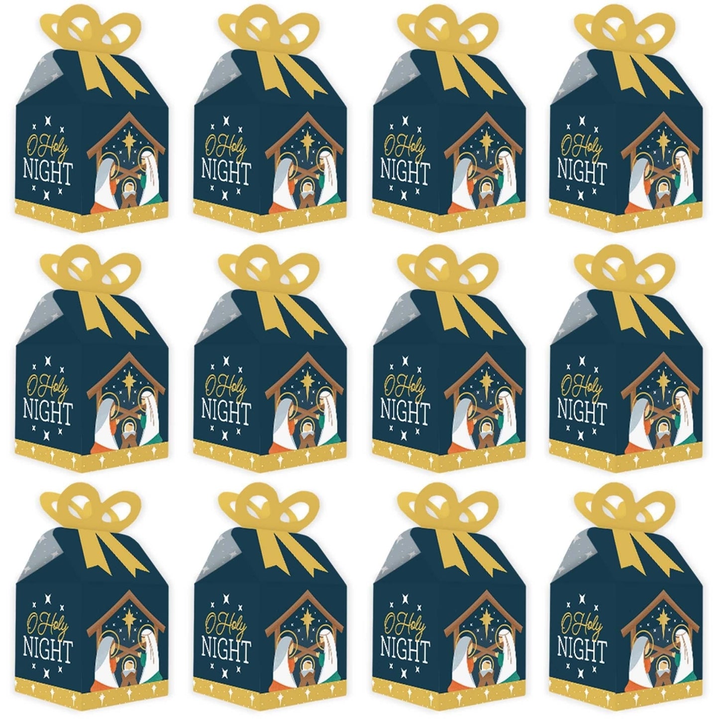 Holy Nativity - Square Favor Gift Boxes - Manger Scene Religious Christmas Bow Boxes - Set of 12