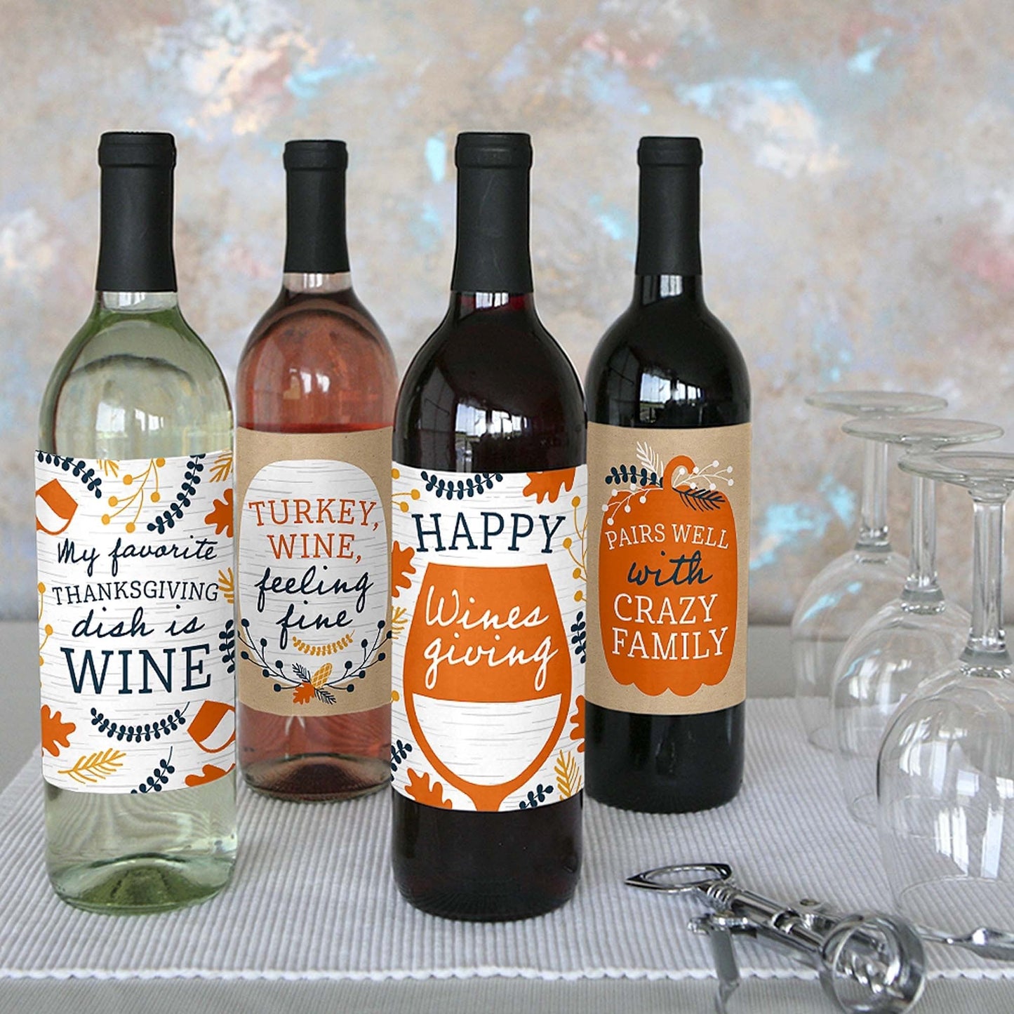 Happy Thanksgiving - Fall Harvest Party Decorations for Women and Men - Wine Bottle Label Stickers - Set of 4