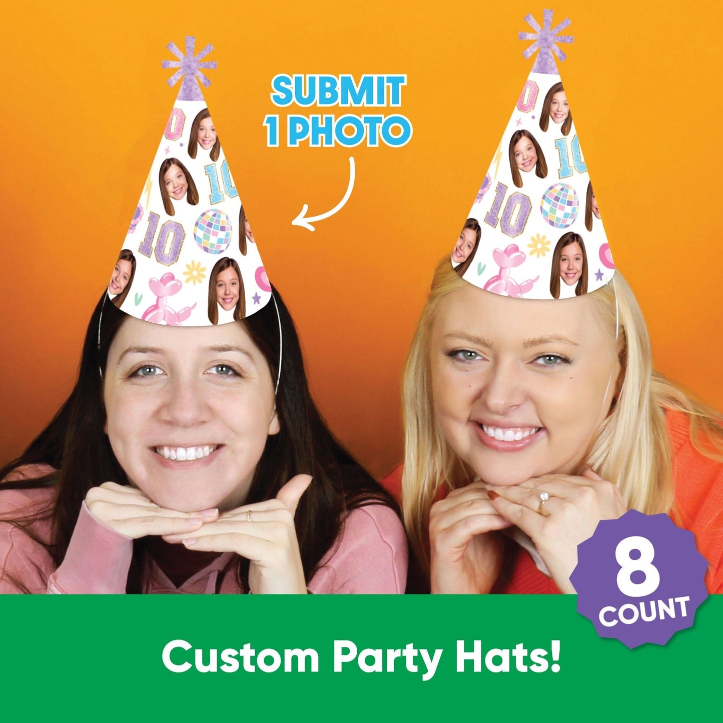 Custom Face Preppy 10th Birthday Girl Cone Hat - 8 Ct