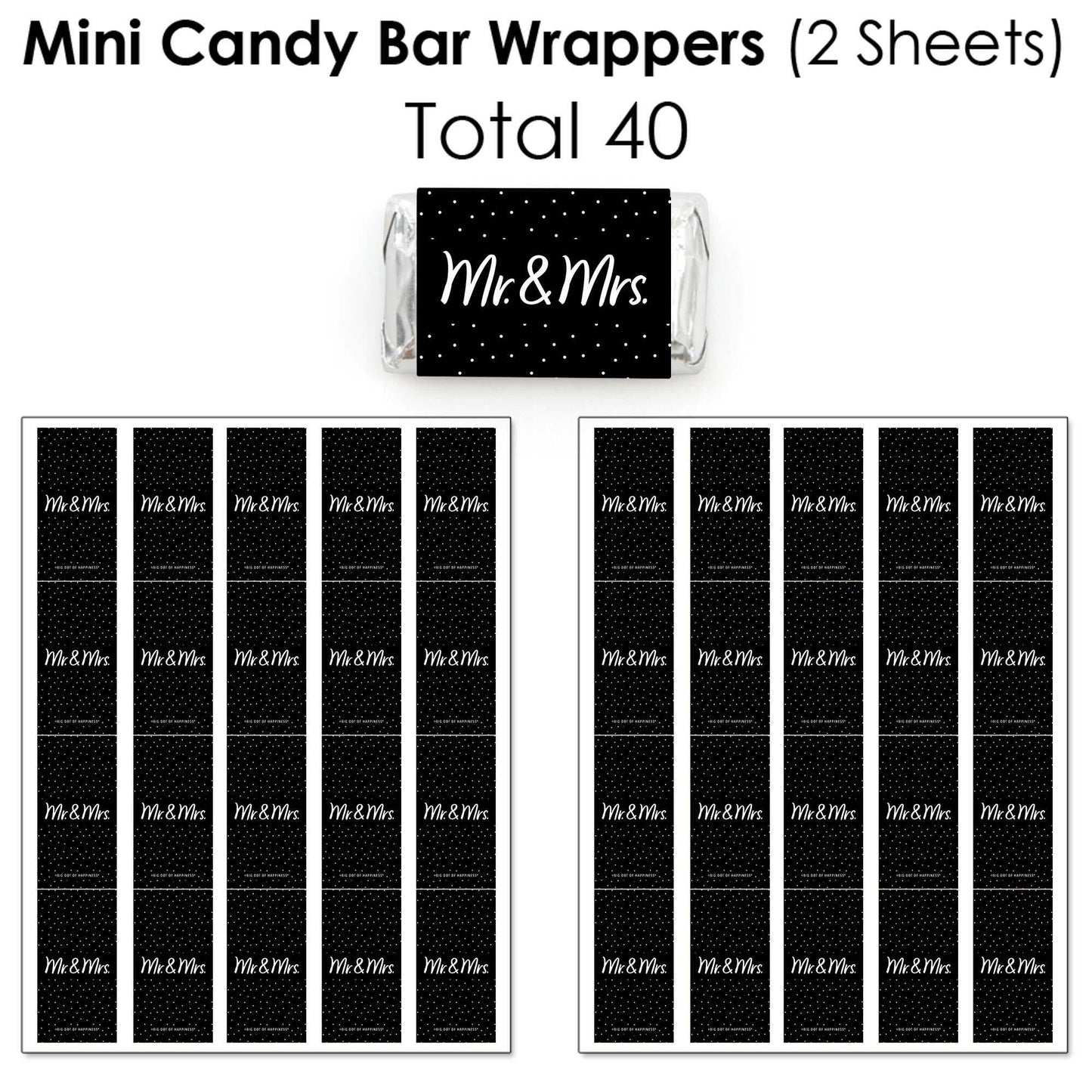 Mr. and Mrs. - Mini Candy Bar Wrappers, Round Candy Stickers and Circle Stickers - Black and White Wedding or Bridal Shower Candy Favor Sticker Kit - 304 Pieces